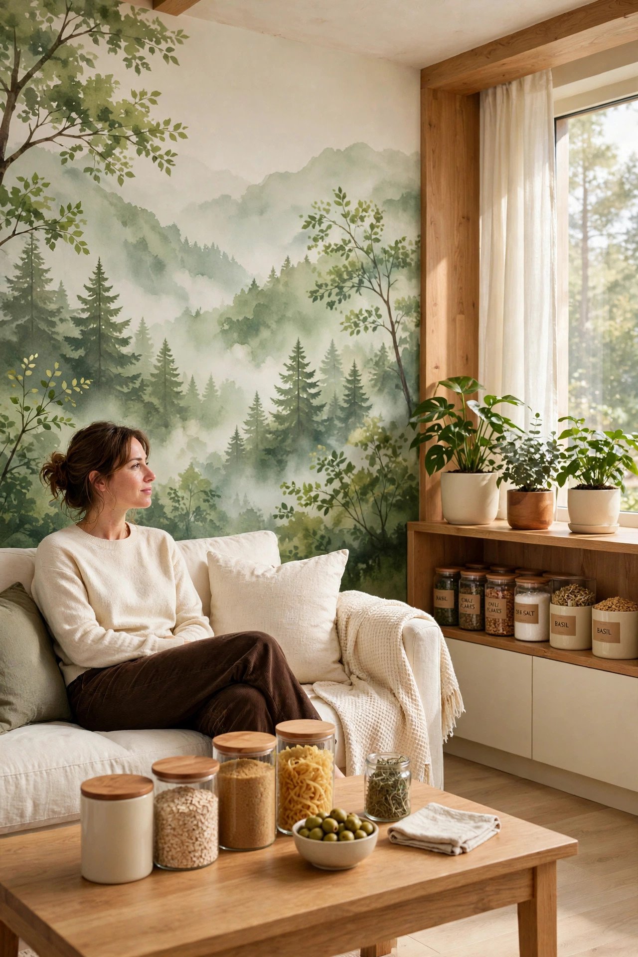 Large scale forest mural peel and stick wallpaper in muted greens in a serene living room