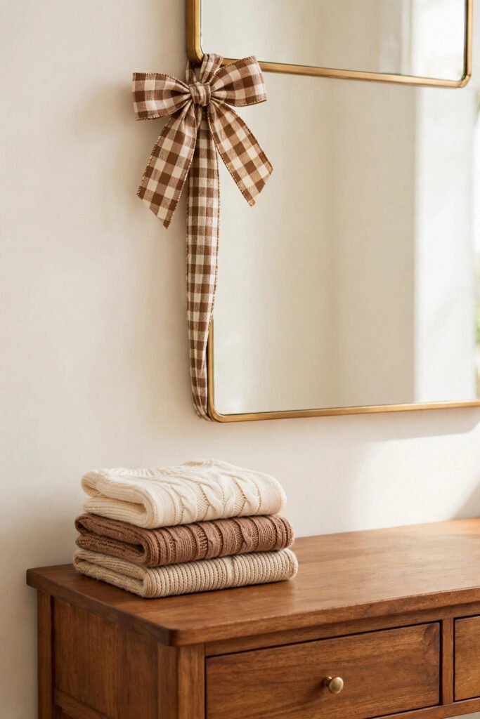 Plaid ribbon bow tied on a mirror corner in rustic Christmas vanity styling