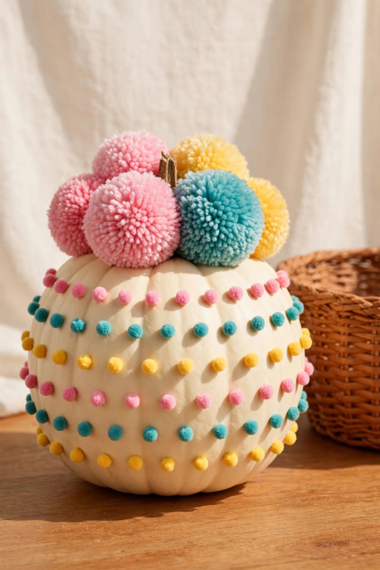 Pumpkin dotted with colorful pom-poms in pink, teal, and yellow with fluffy oversized pom-poms at the stem