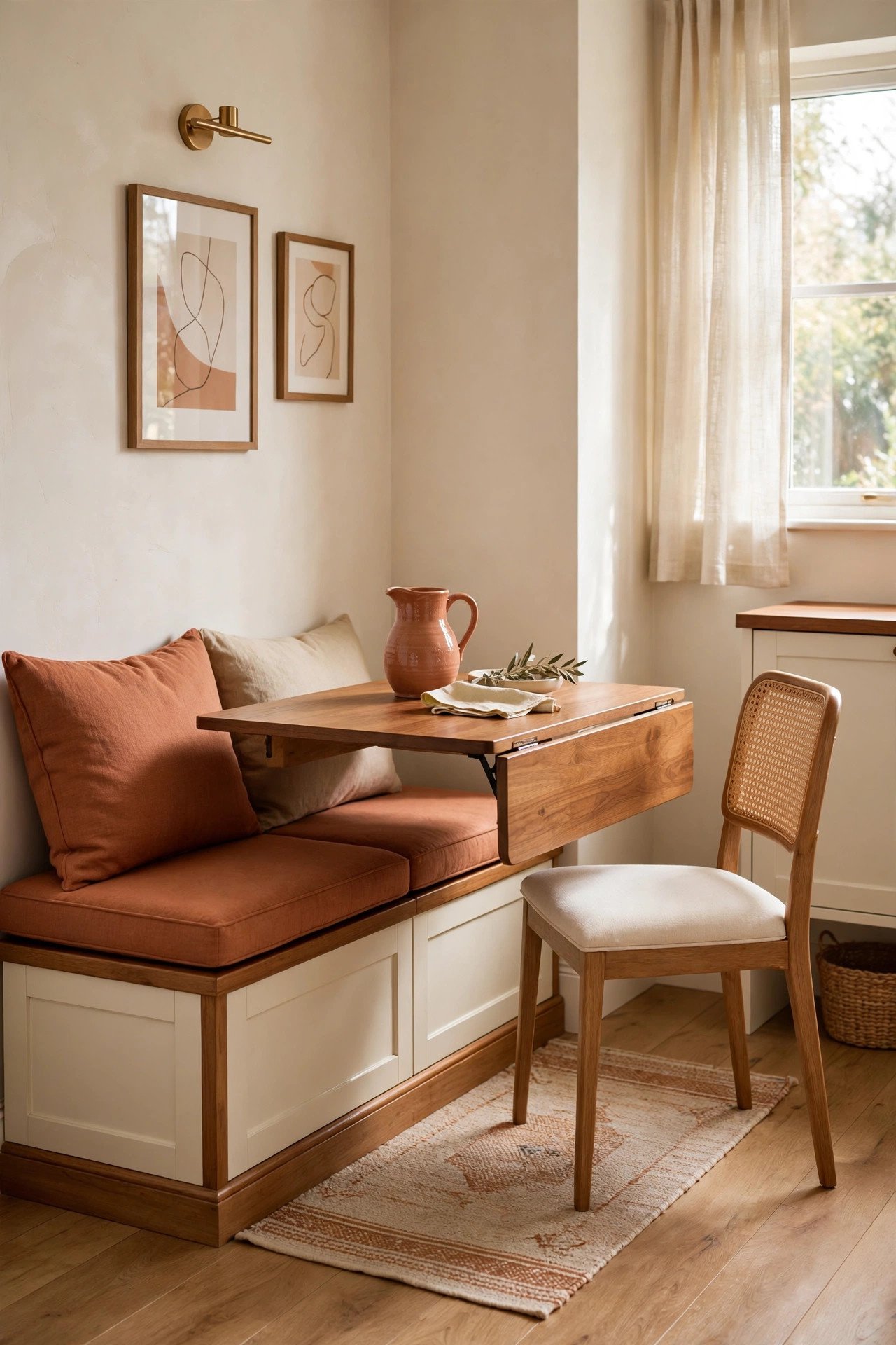 Multi-functional dining furniture layout idea with a storage bench and drop leaf table in a small dining room