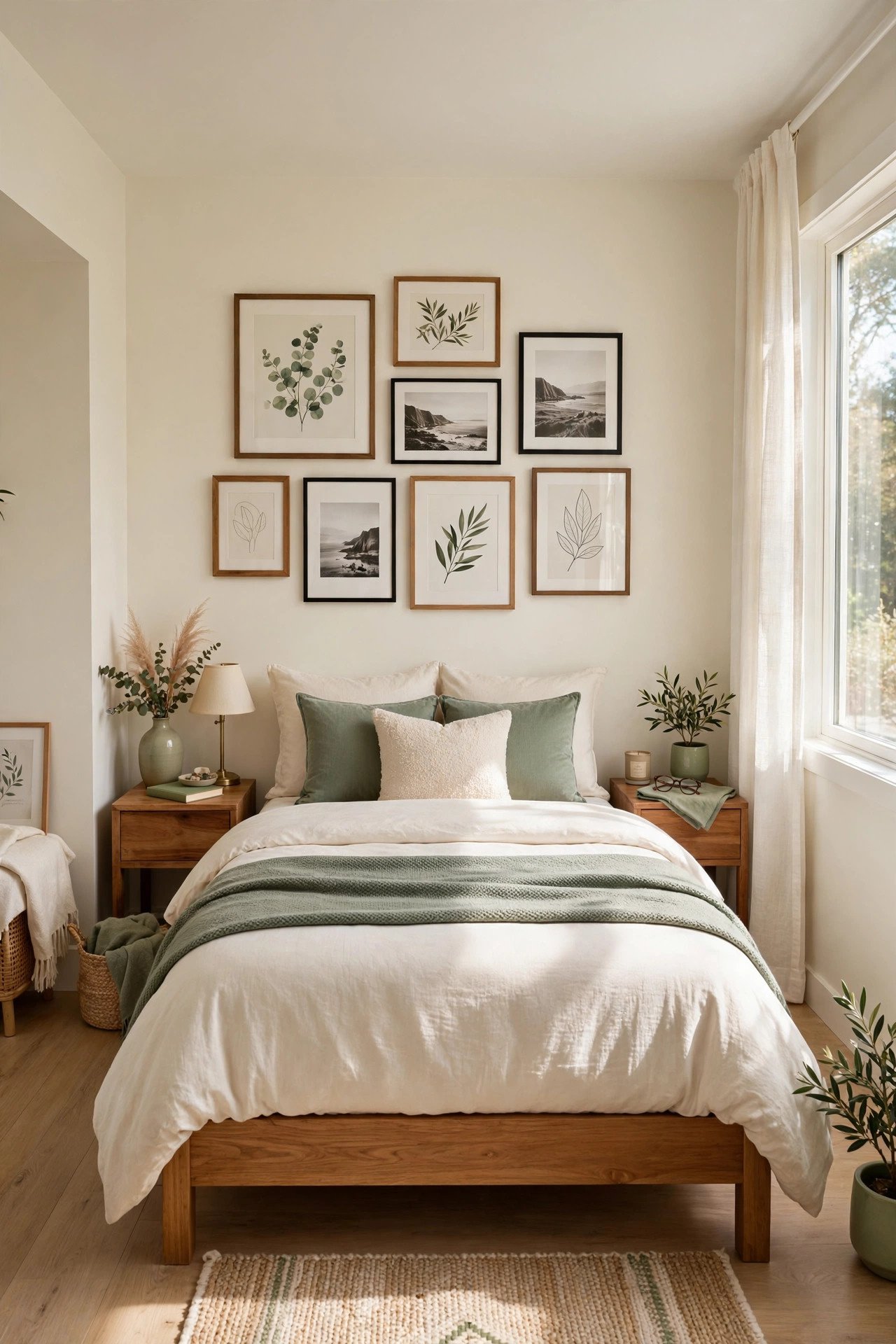 Small guest room layout with a gallery wall of framed photos and art above the bed and soft warm lighting