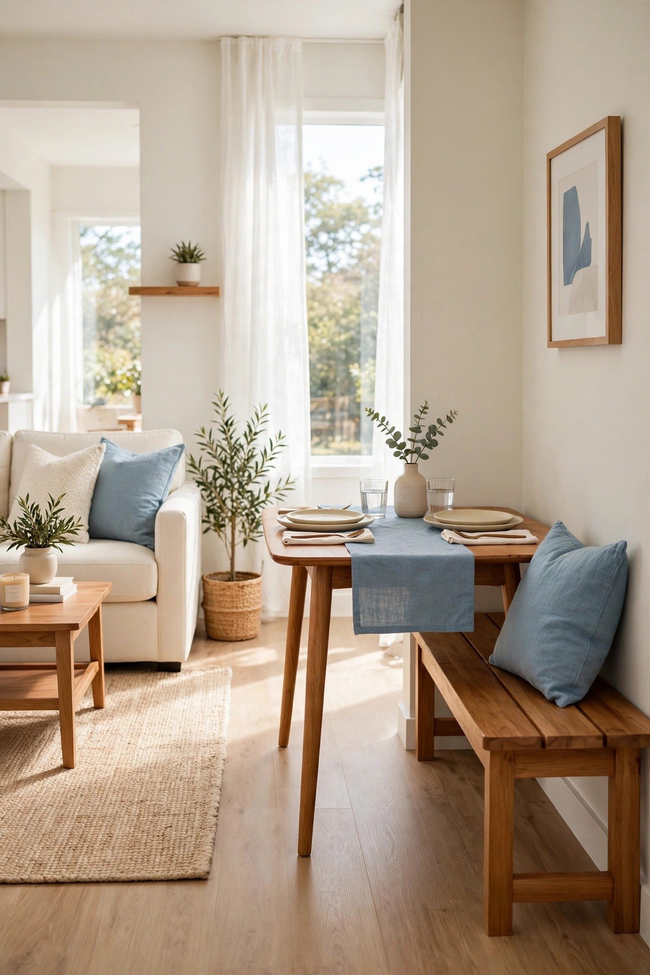Dining area with bench seating against the wall in a small living dining combo, keeping the pathway clear