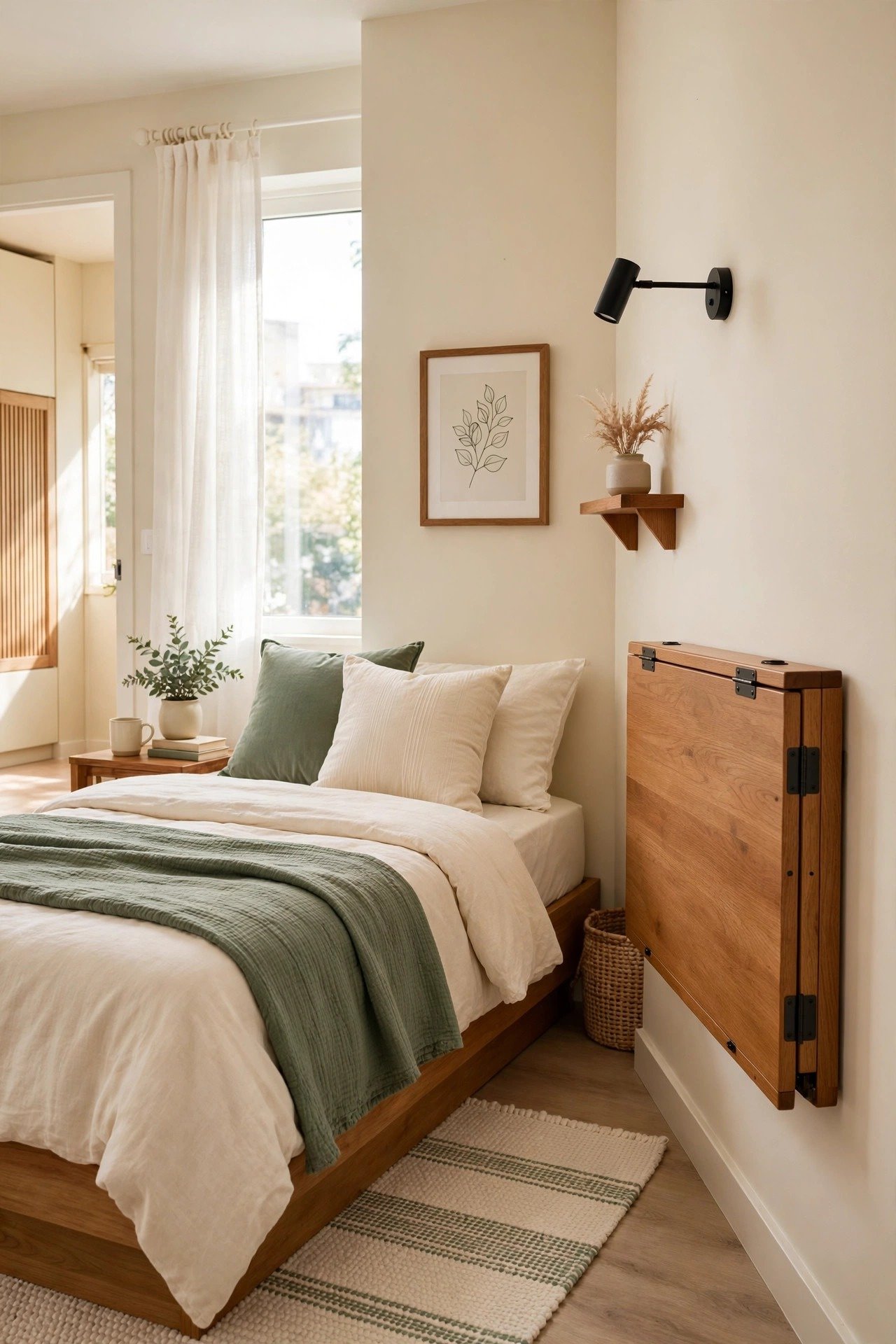 Small one bedroom apartment layout ideas with a wall-mounted folding desk closed flat against the wall in a bedroom corner