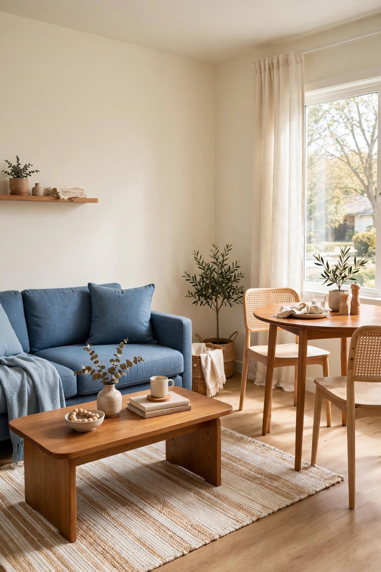 Neutral small open plan living room with a blue sofa as the accent piece and a light area rug