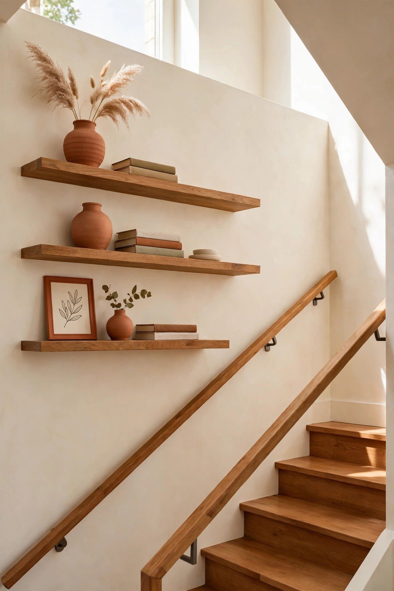 Floating shelves styled with vases and books along a staircase wall
