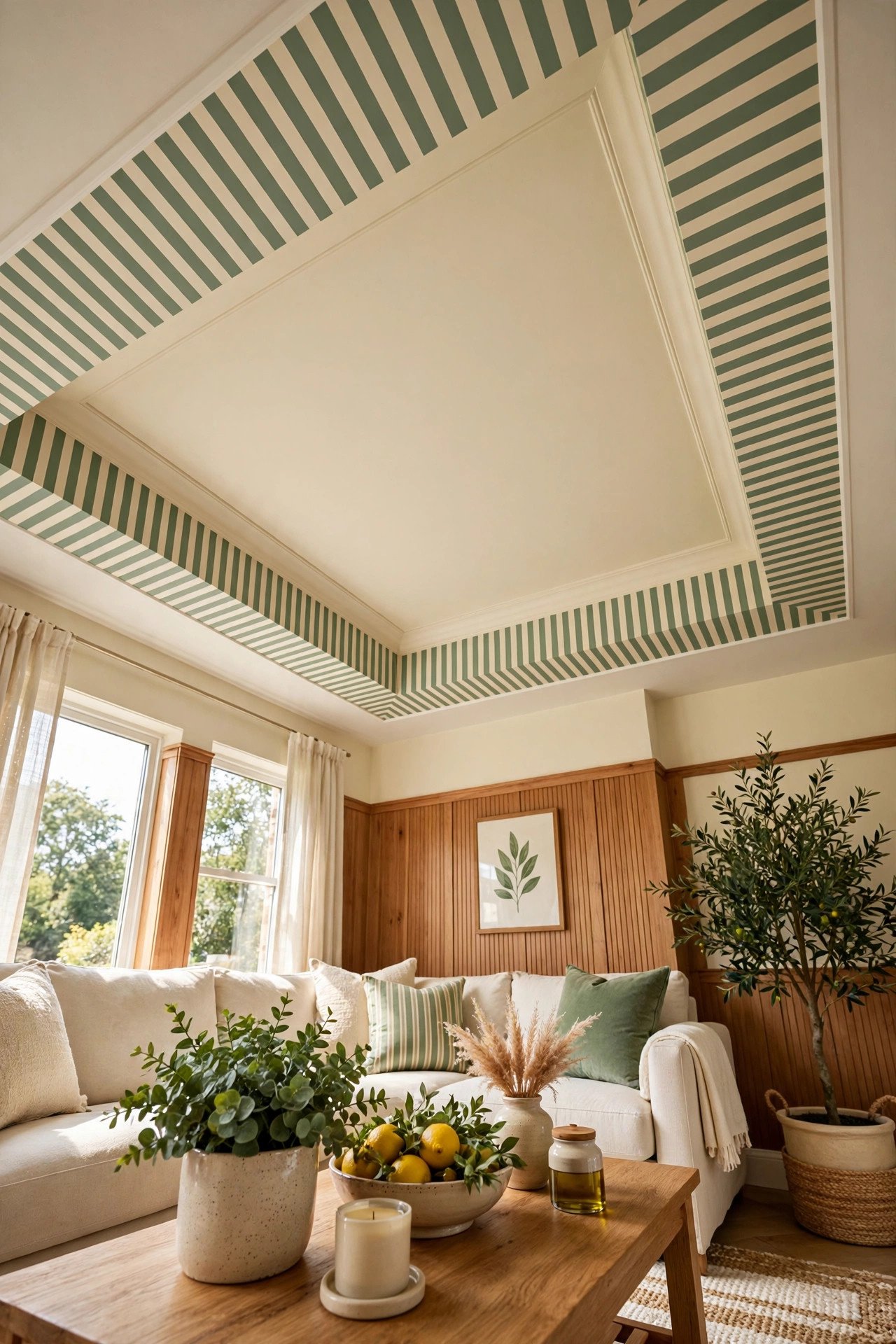 Tray ceiling with a striped border in sage green and cream framing the recessed center