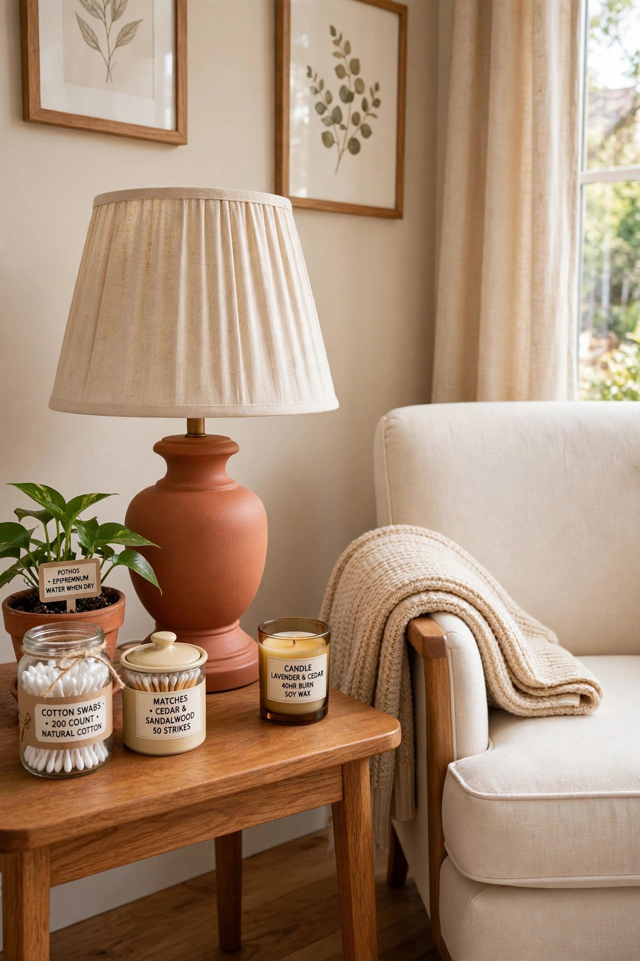 Thrifted lamp base spray painted terracotta with a new linen shade on a side table