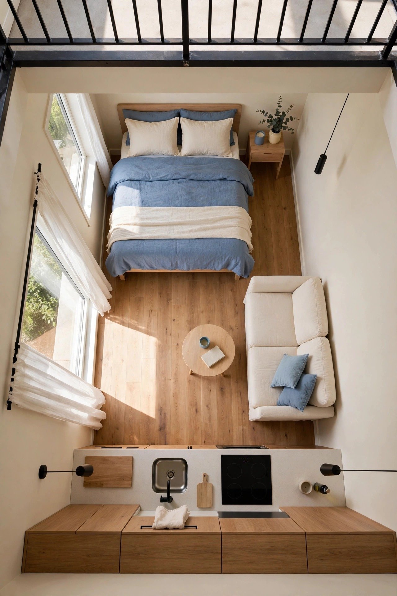 Tiny studio apartment layout idea with clear efficient walkways between soft blue bed, sofa, and kitchen zones
