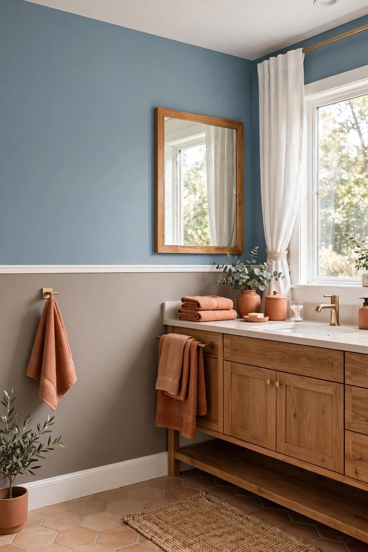 Dusty blue and taupe two tone wall paint ideas with dusty blue upper walls and warm taupe lower walls in a bathroom