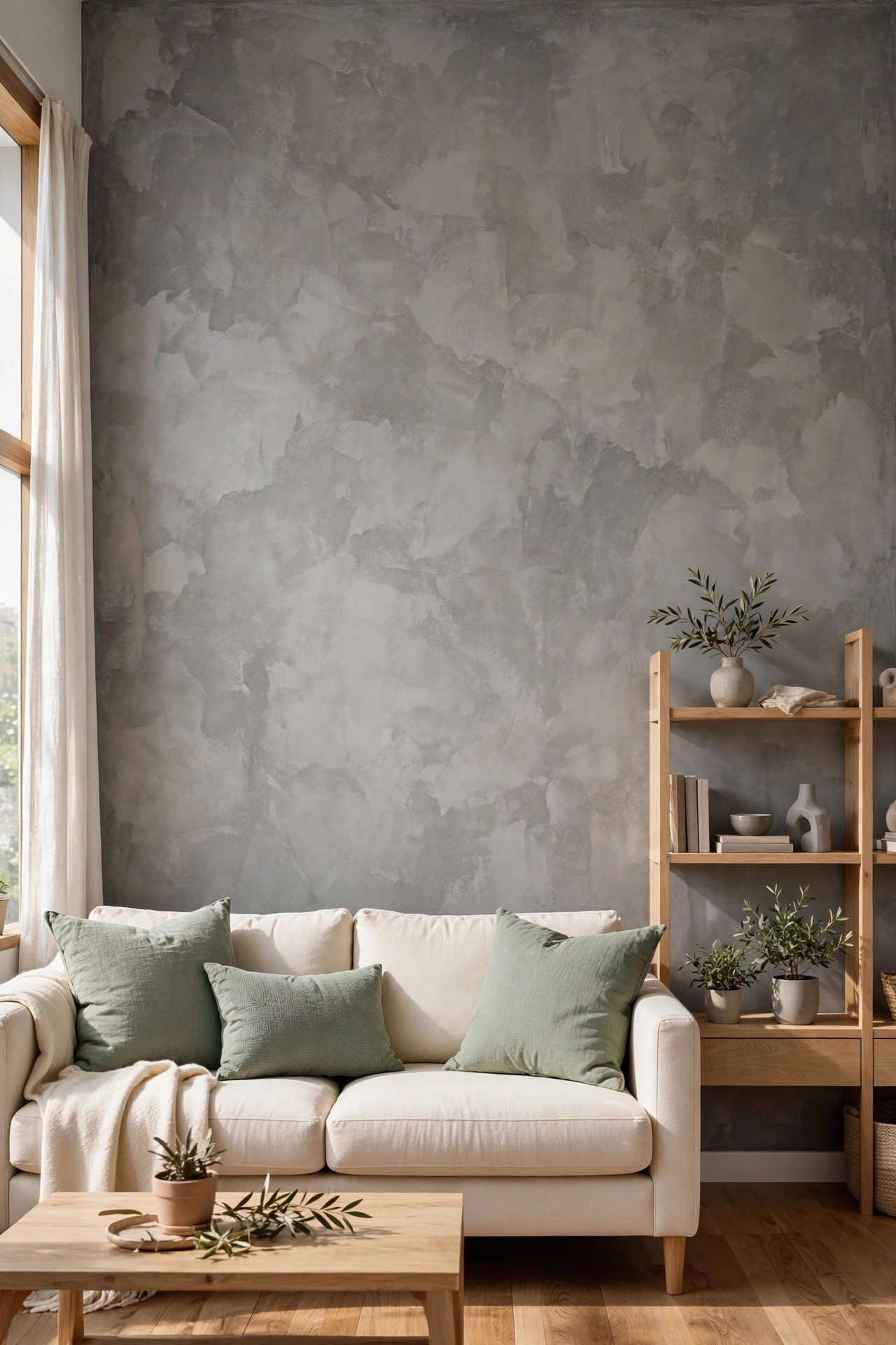 Monochromatic grey Venetian plaster wall with layered tones in a modern apartment