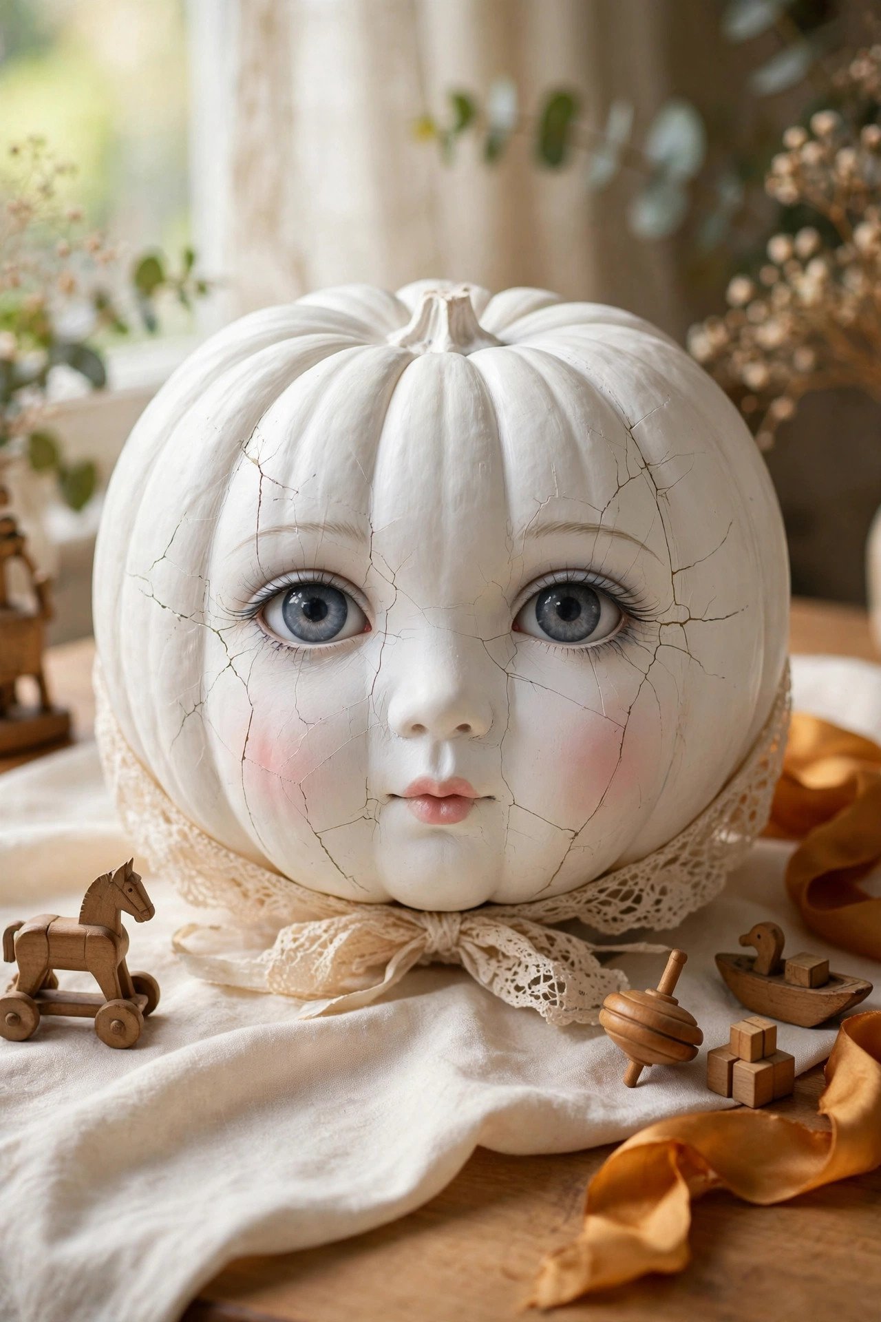 White pumpkin painted as a vintage porcelain doll face with cream lace bonnet