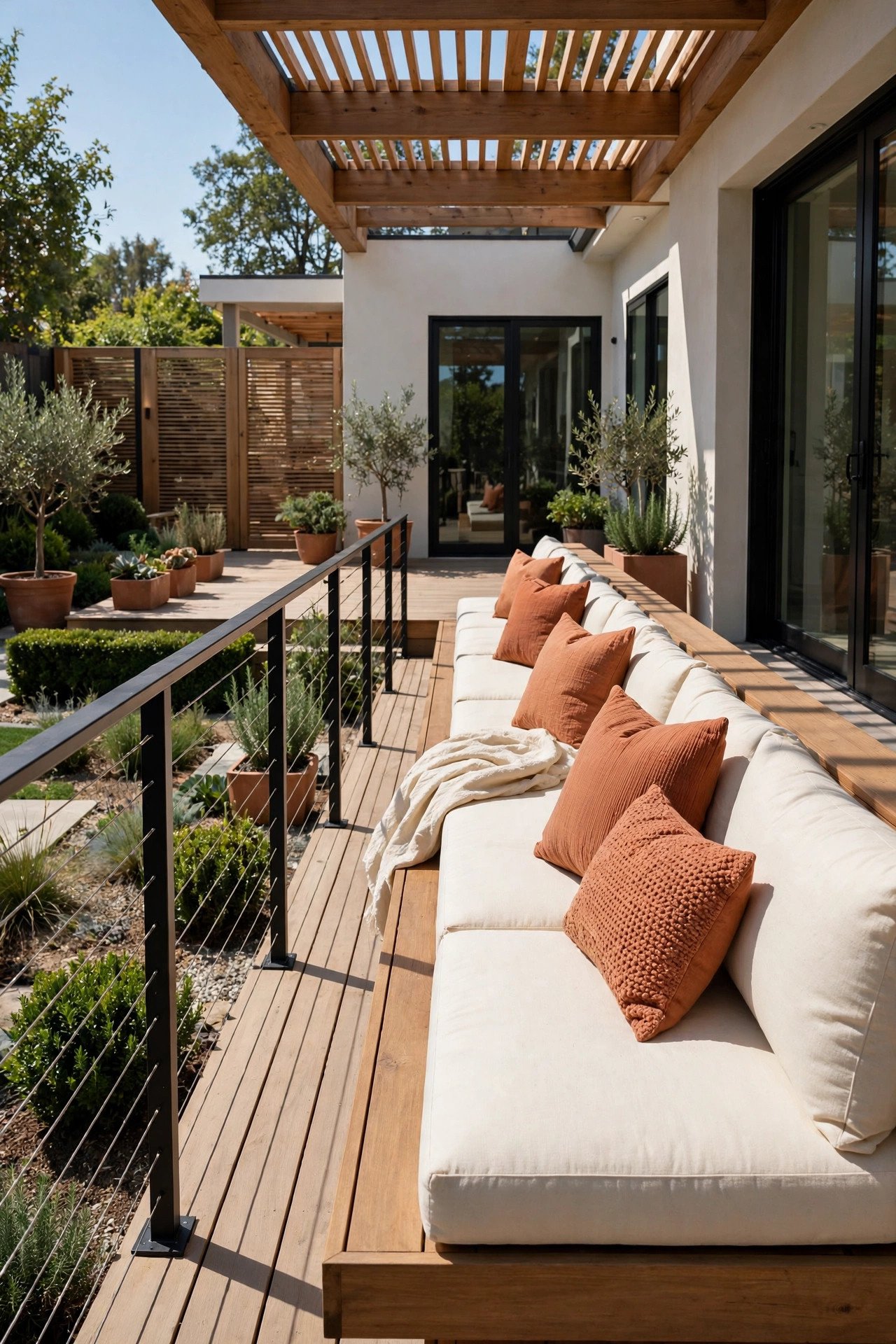 Long built-in wooden bench on a modern backyard deck