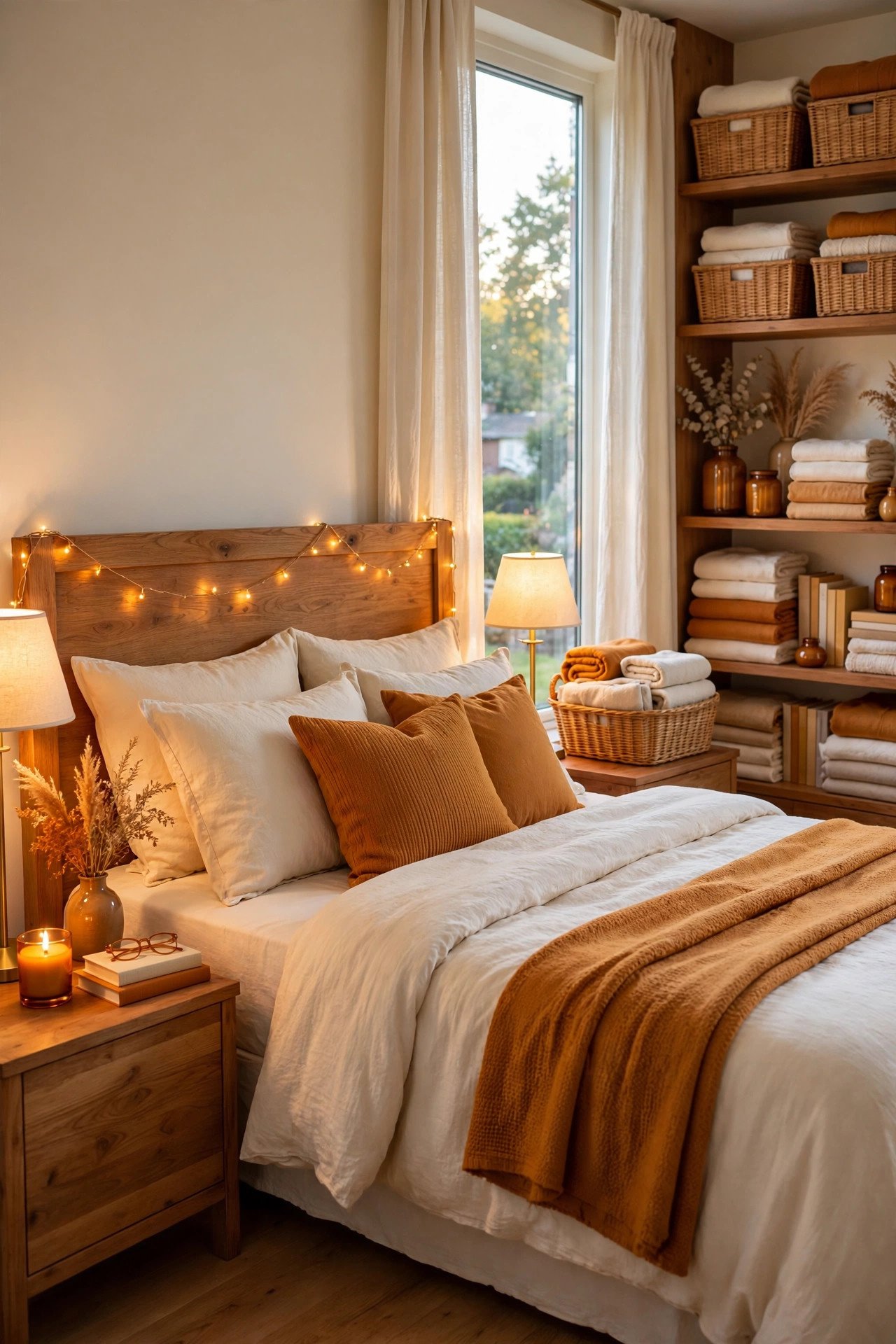 Bedroom with warm lamps and string lights glowing softly
