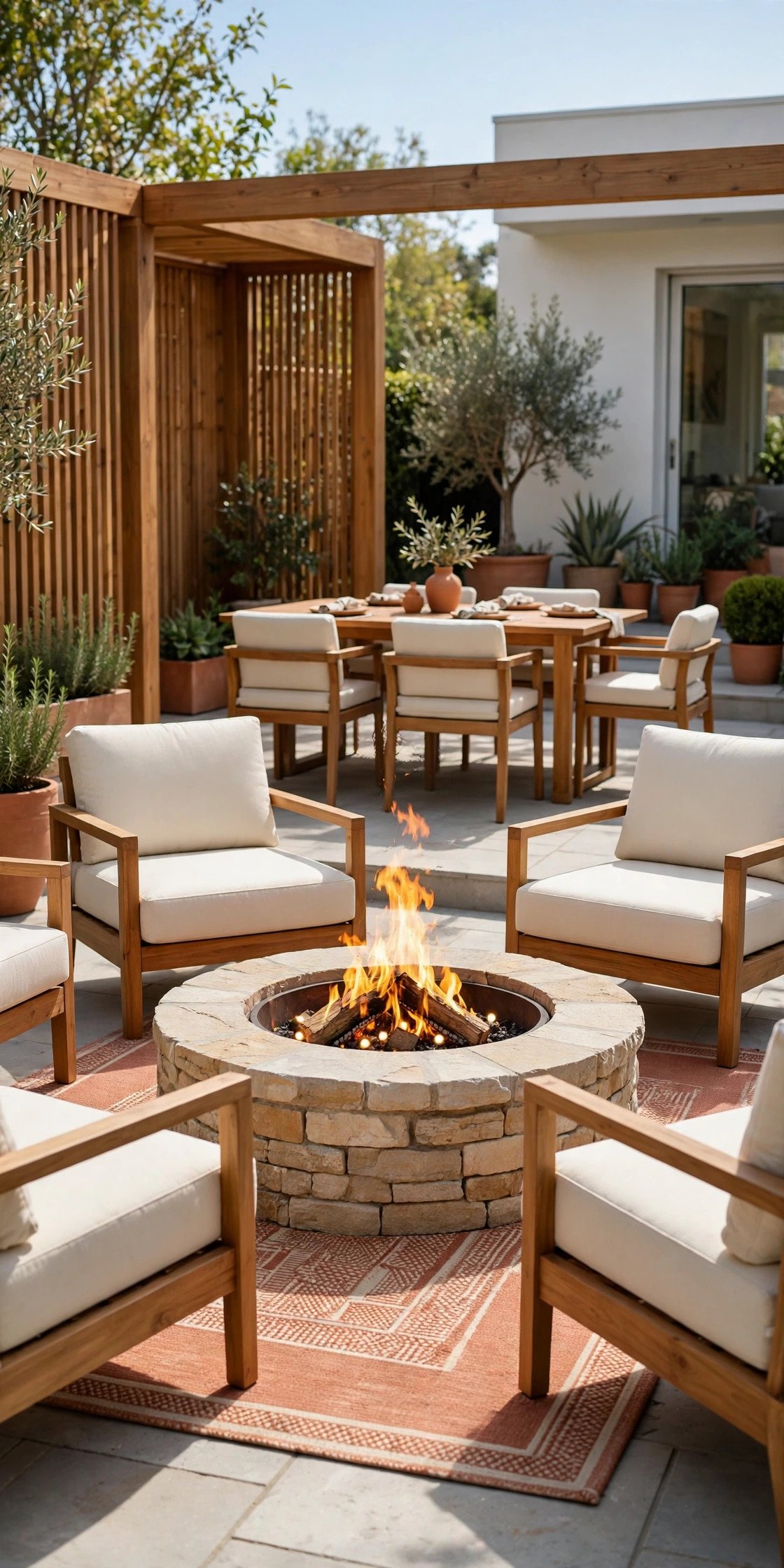 Separate fire pit lounge zone with a terracotta rug near an outdoor dining area