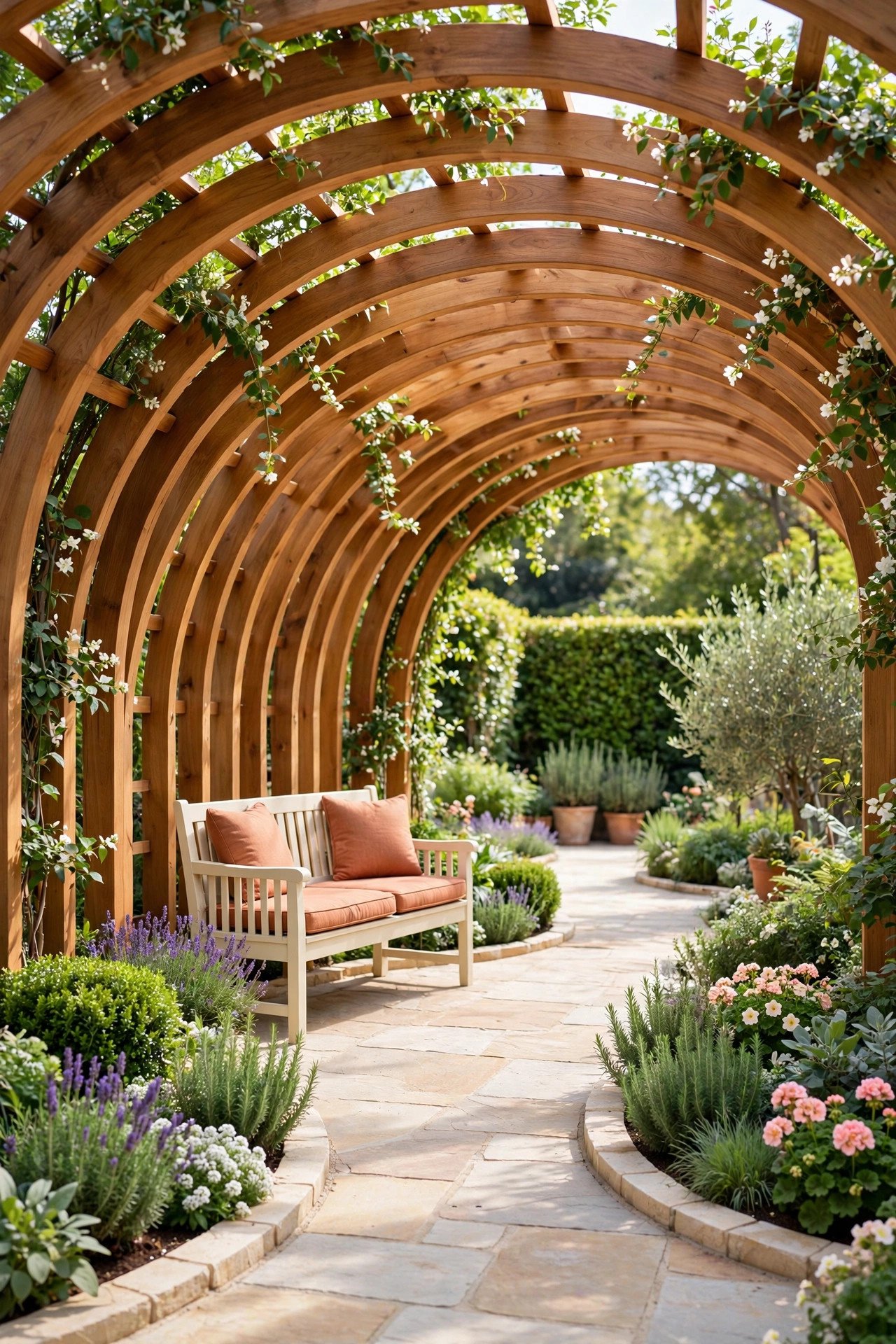 Arched wooden pergola with curved beams over a garden path