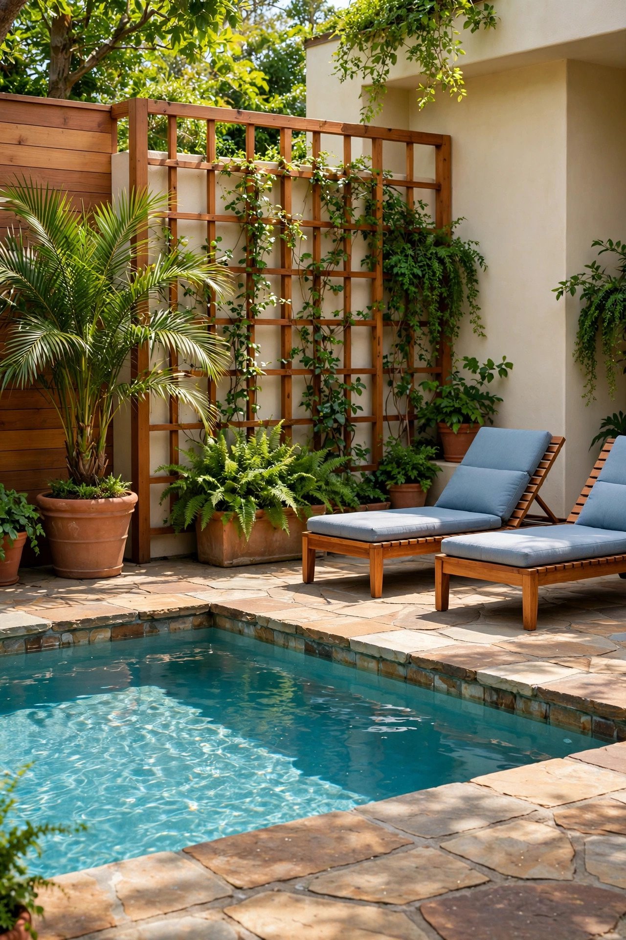 Natural stone pool deck surrounded by lush greenery