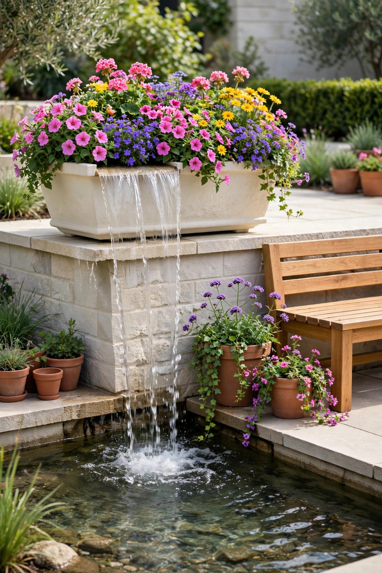 Waterfall with a flower planter on top
