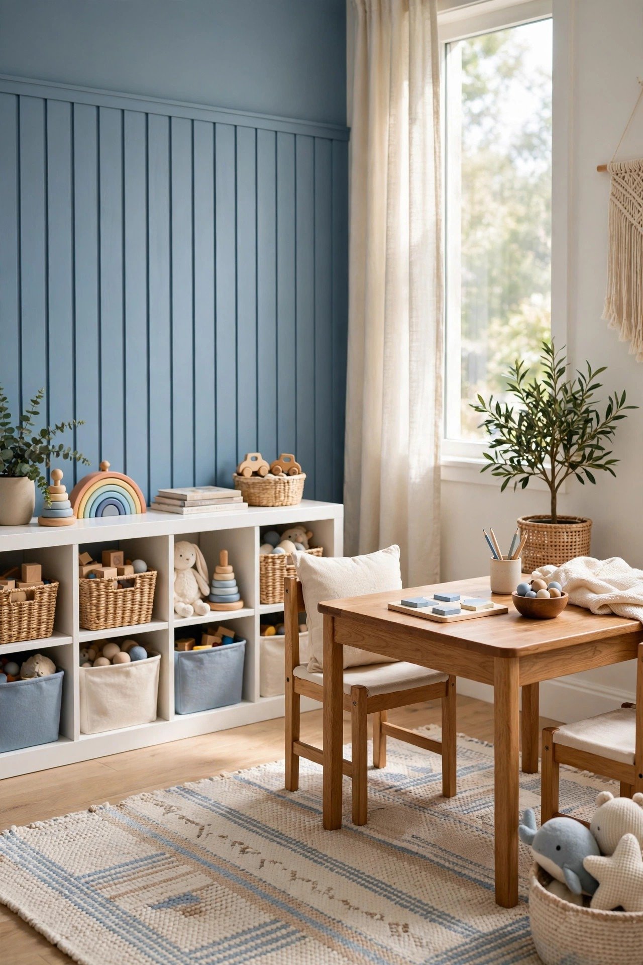 Cheerful kids playroom with soft blue board and batten walls and low toy storage