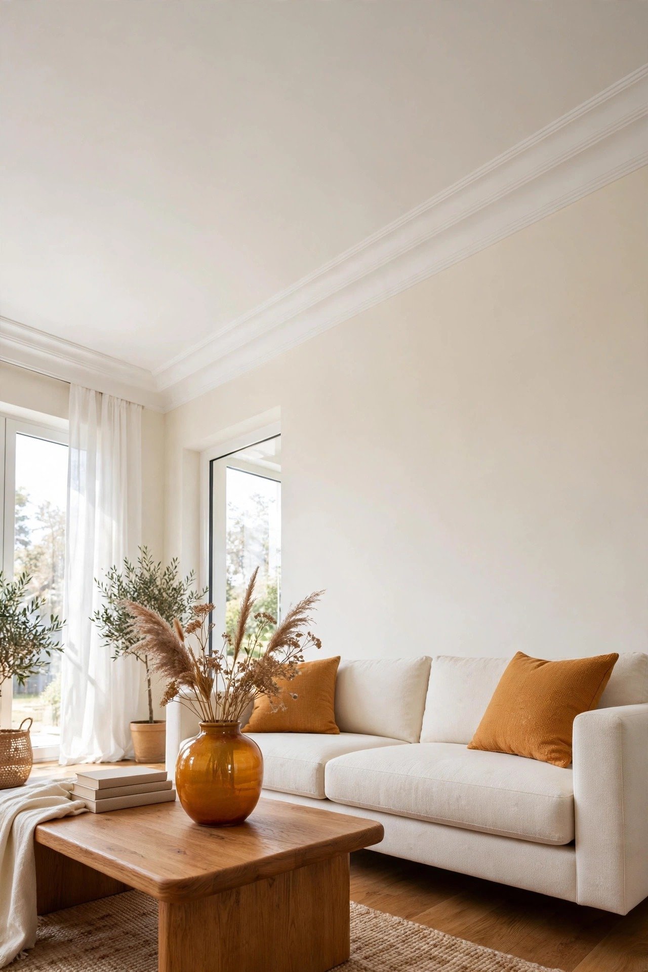 Elegant living room with simple white crown molding creating a soft transition between the wall and the ceiling