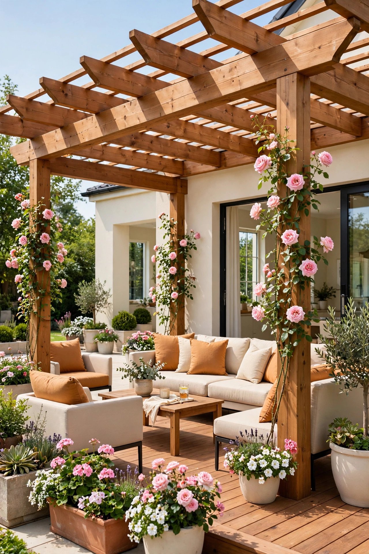 Covered patio with thatched tiki roof and rattan chairs