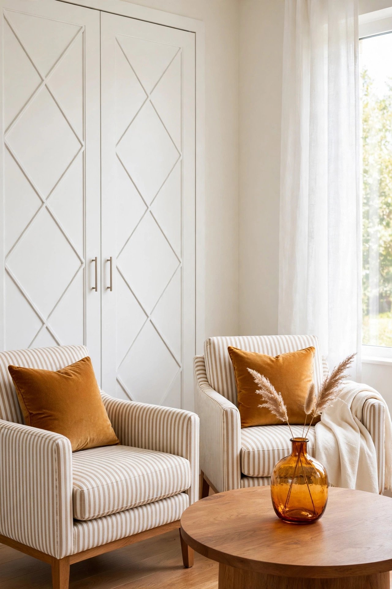 White closet doors with delicate crisscross molding pattern beside striped armchairs and a round wooden table