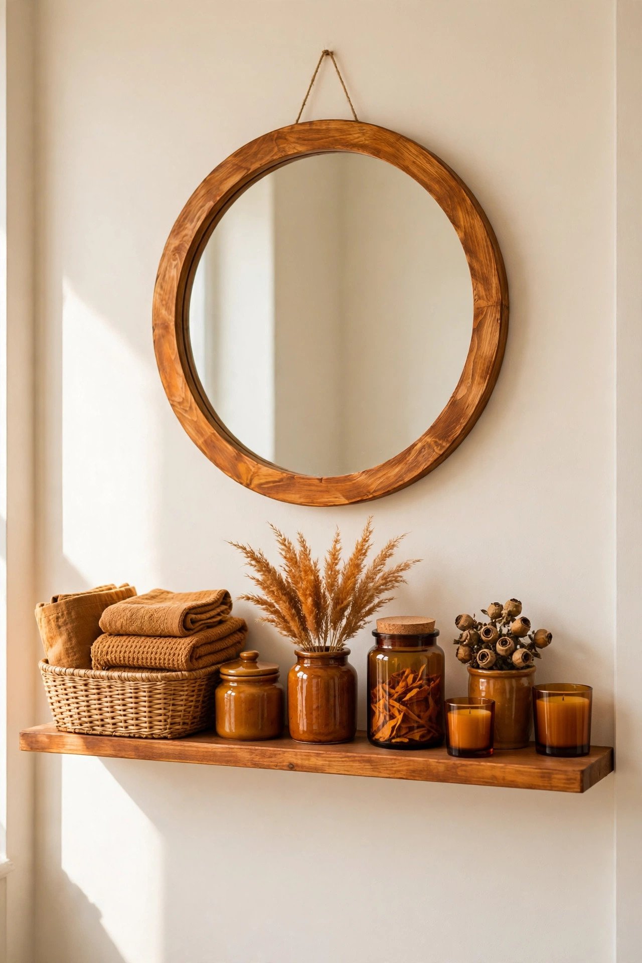 Round mirror with a simple handmade wooden frame