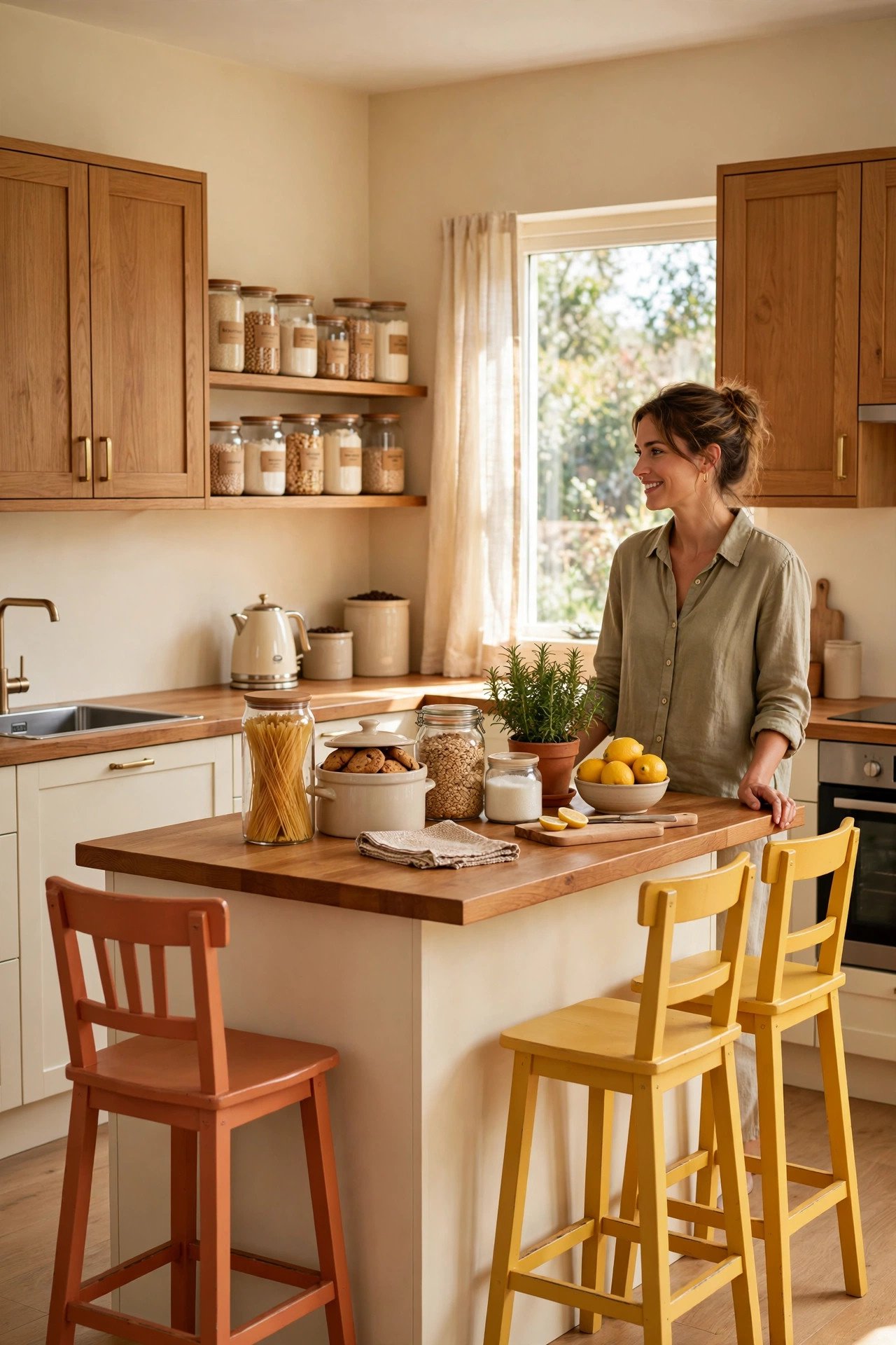 Bar stools painted in cheerful terracotta and mustard colors at a kitchen island