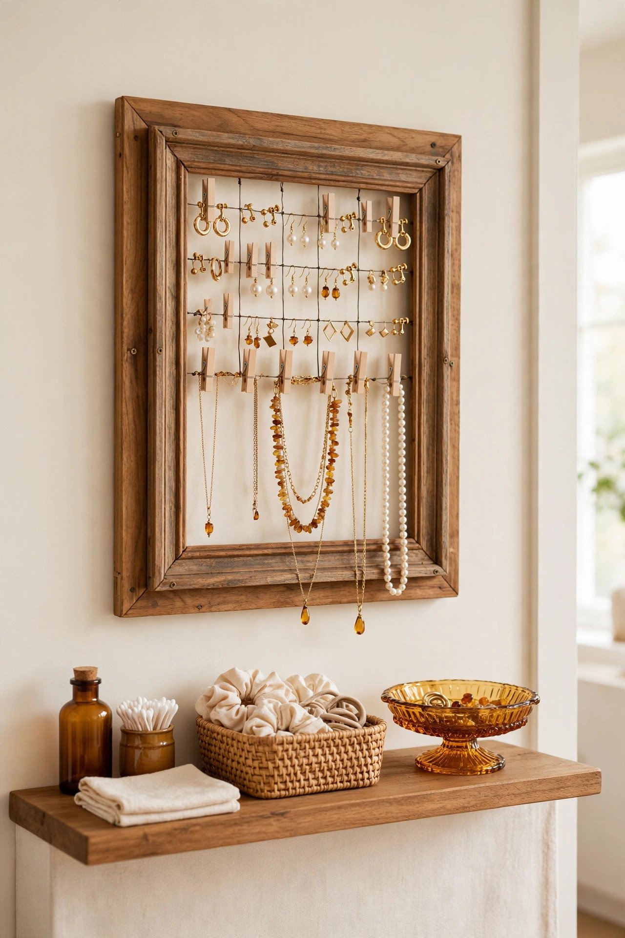 Picture frame organizer holding earrings and necklaces