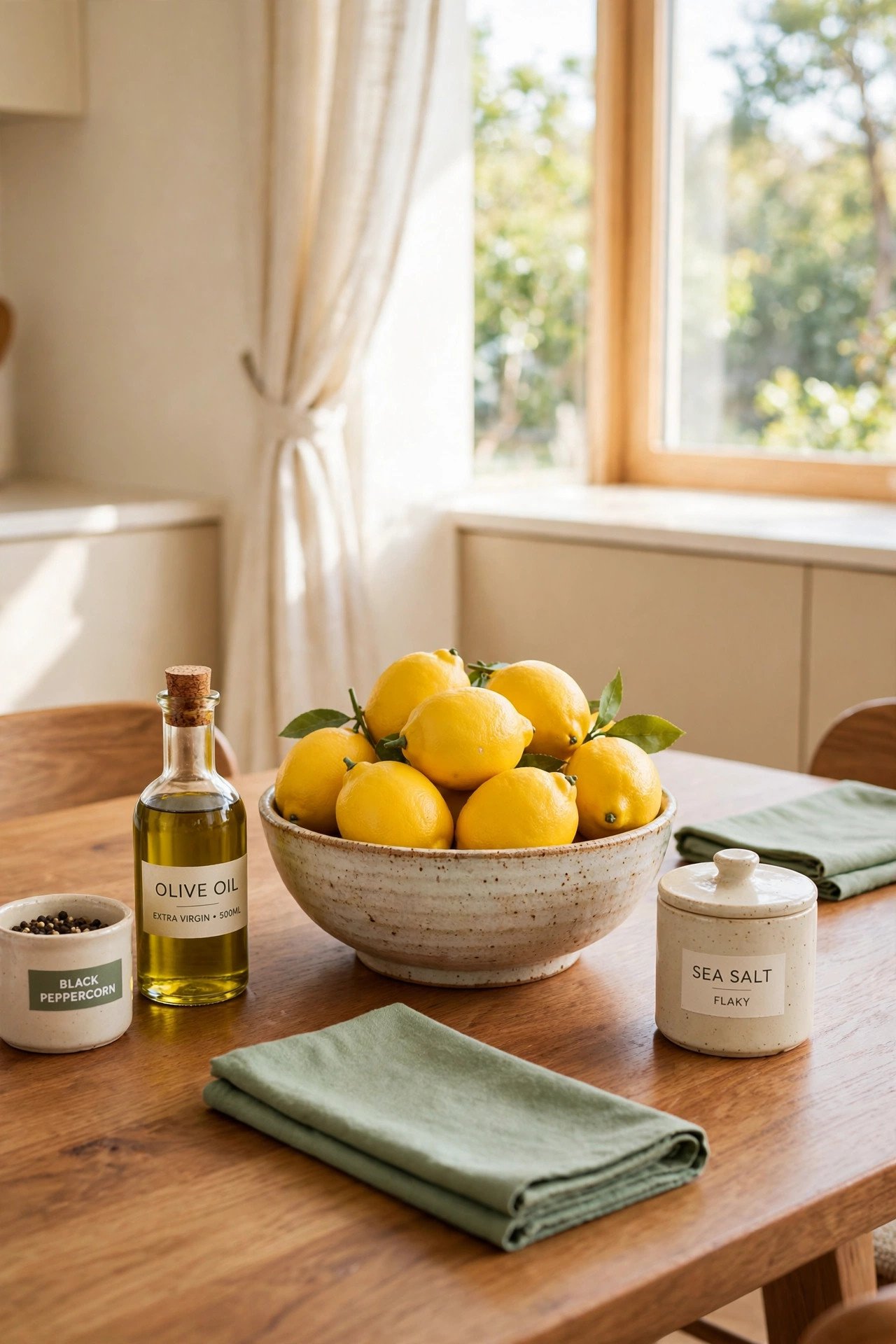 Ceramic bowl centerpiece filled with faux lemons on a dining table in sage green tones