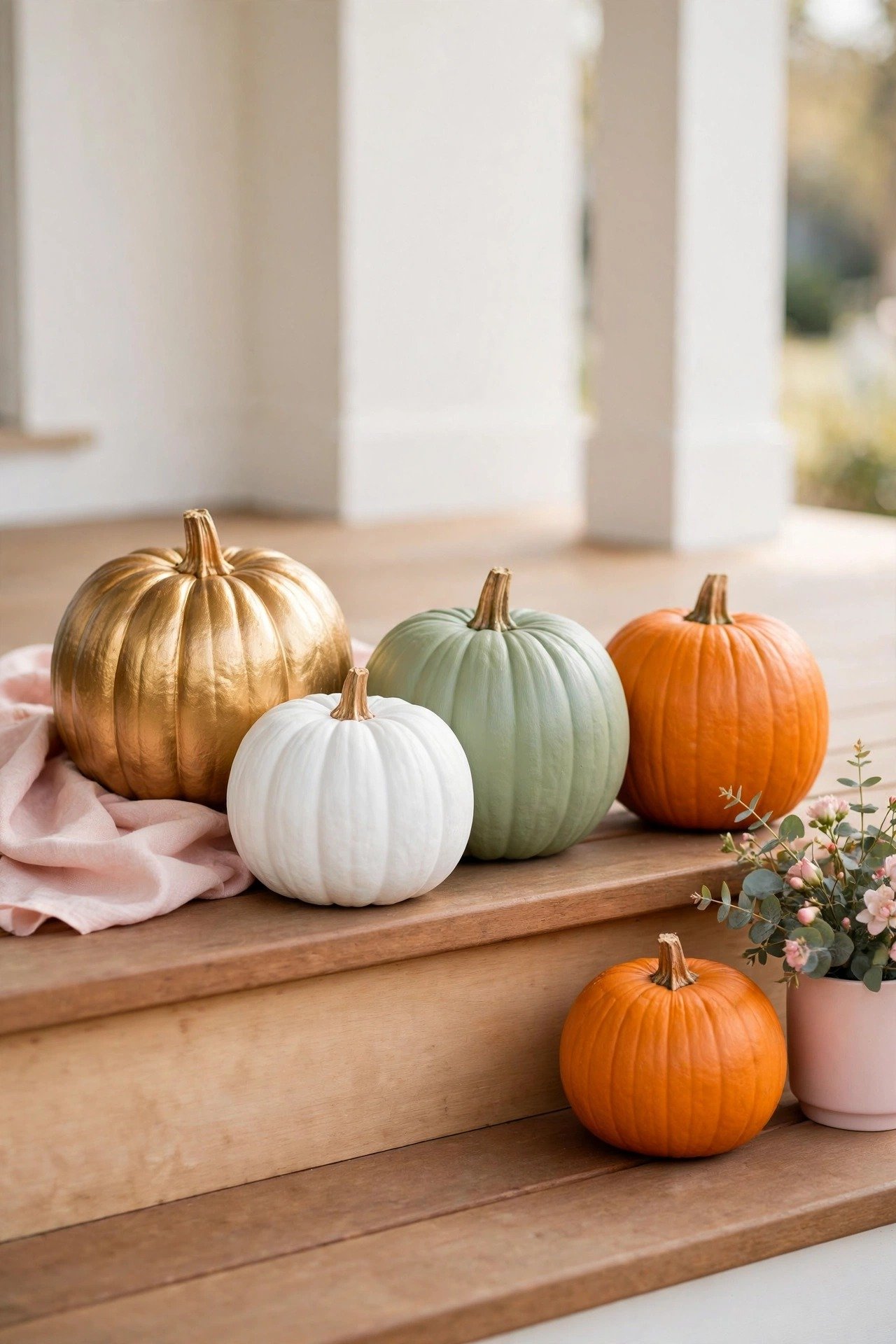 Pumpkins painted in gold, white, and sage green grouped on clean porch steps