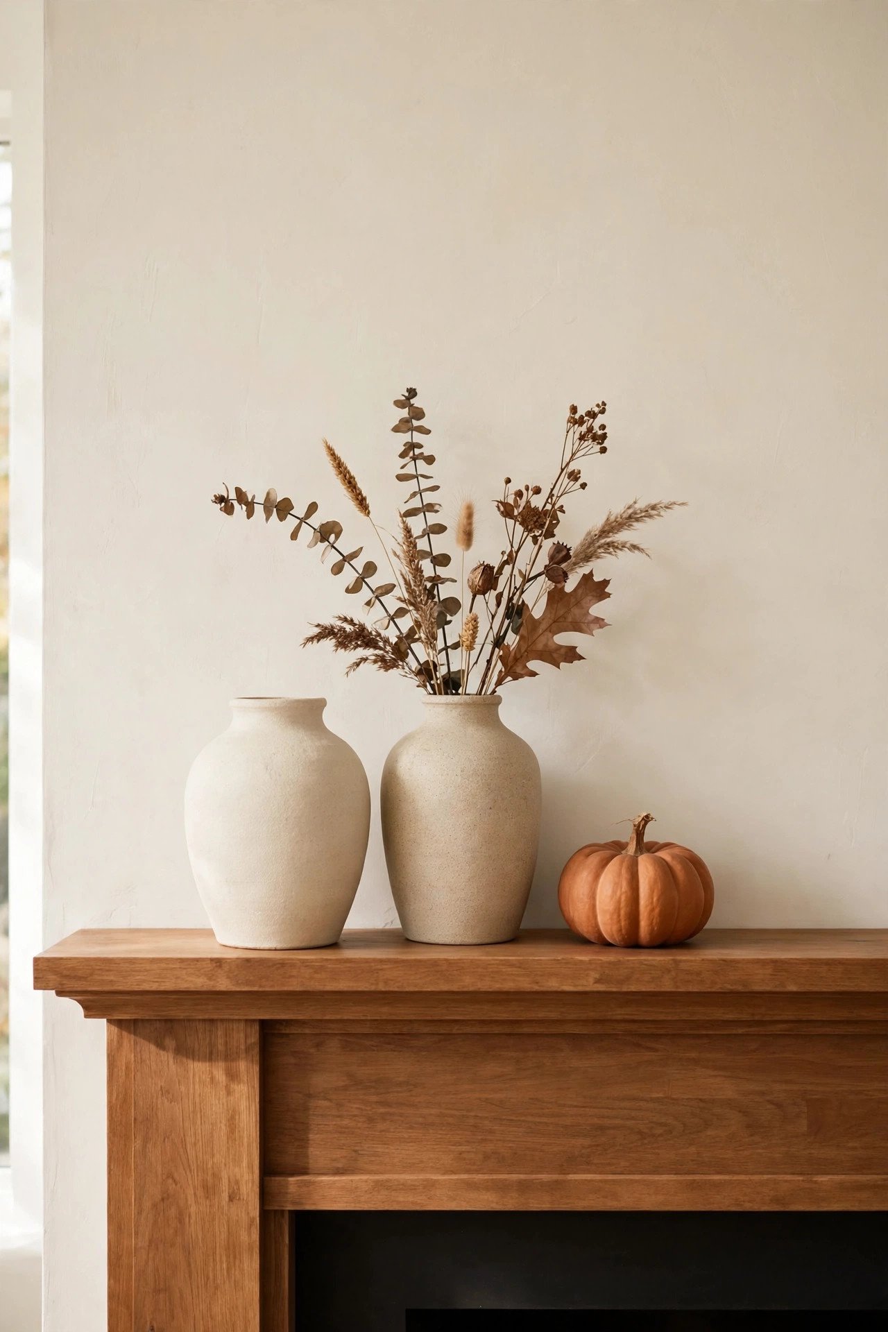 Cream and oatmeal stoneware vases with dried stems on a fall mantel next to a terracotta pumpkin