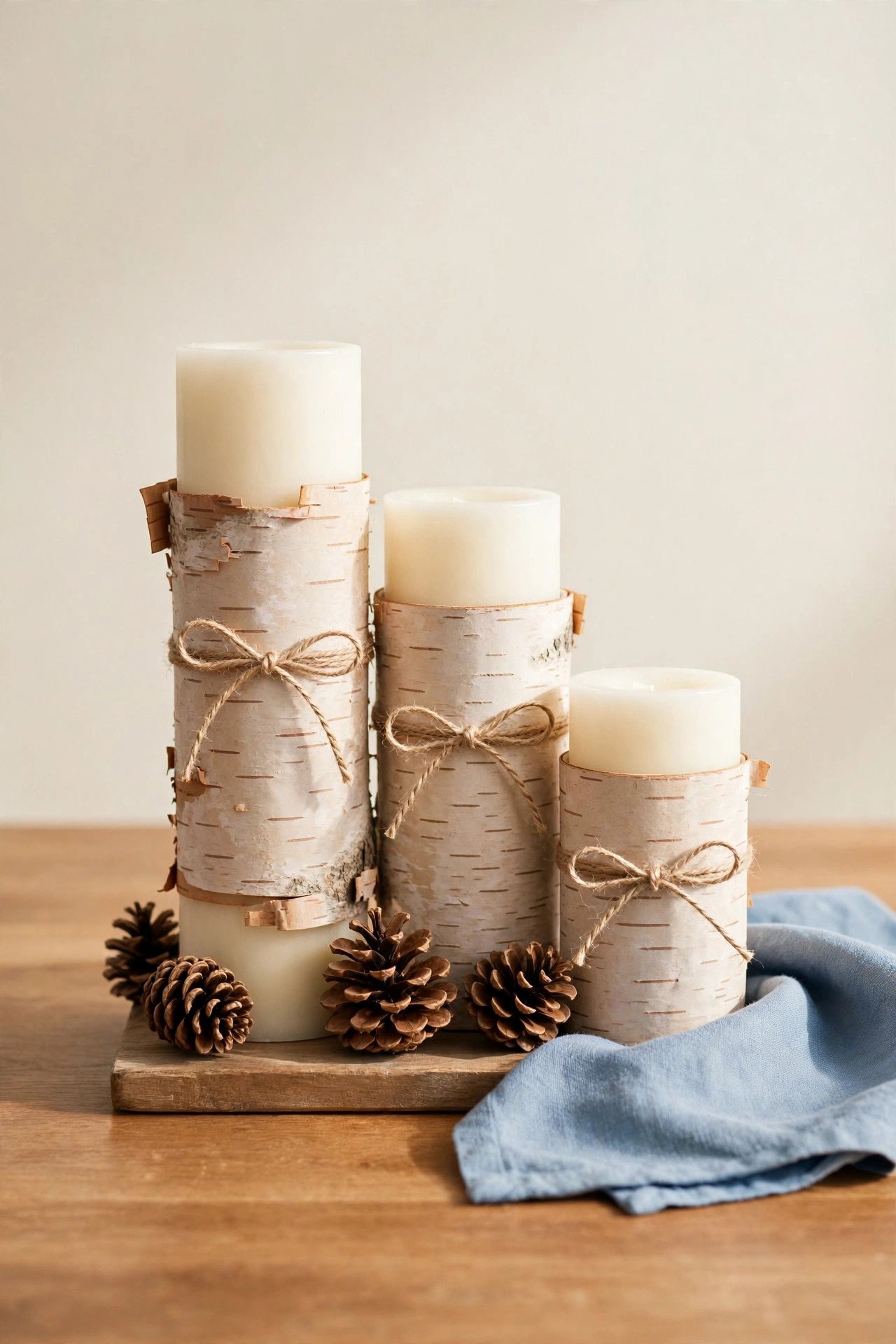 Three pillar candles wrapped in birch bark as a rustic fall centerpiece
