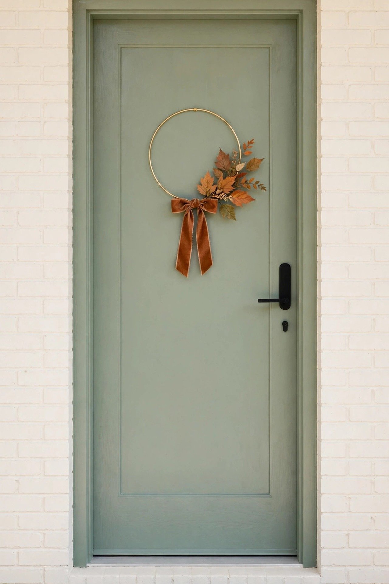 Minimal slim brass hoop wreath with a rust-colored ribbon bow and short leaf spray on a sage green door