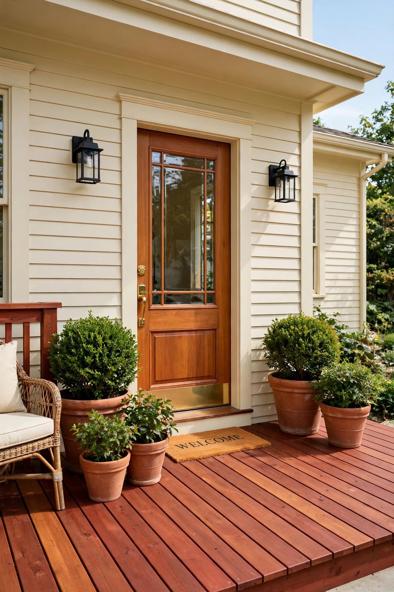 Redwood decking boards on a stylish front porch with terracotta planters