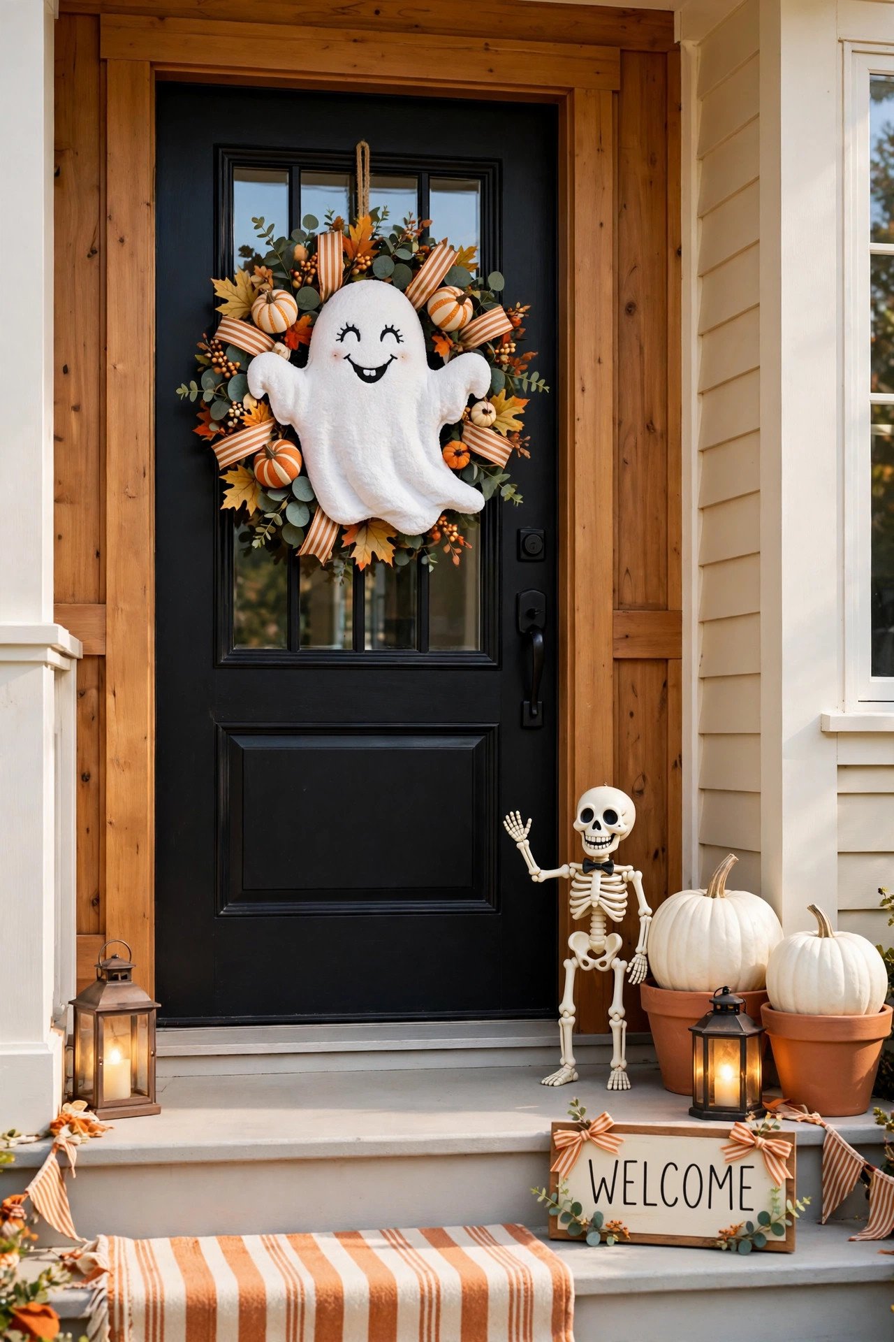 Black door with a friendly ghost wreath, small skeleton figure, and striped accents