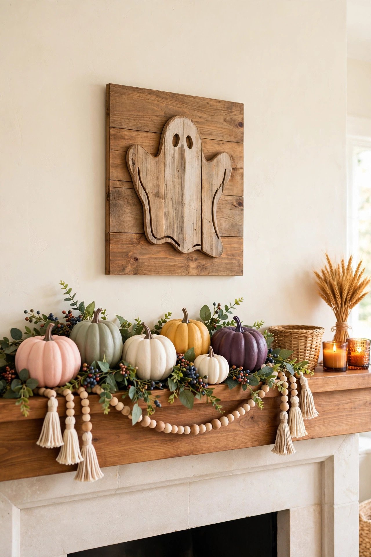 Farmhouse mantel with pastel pumpkins, a rustic ghost panel and bead garlands
