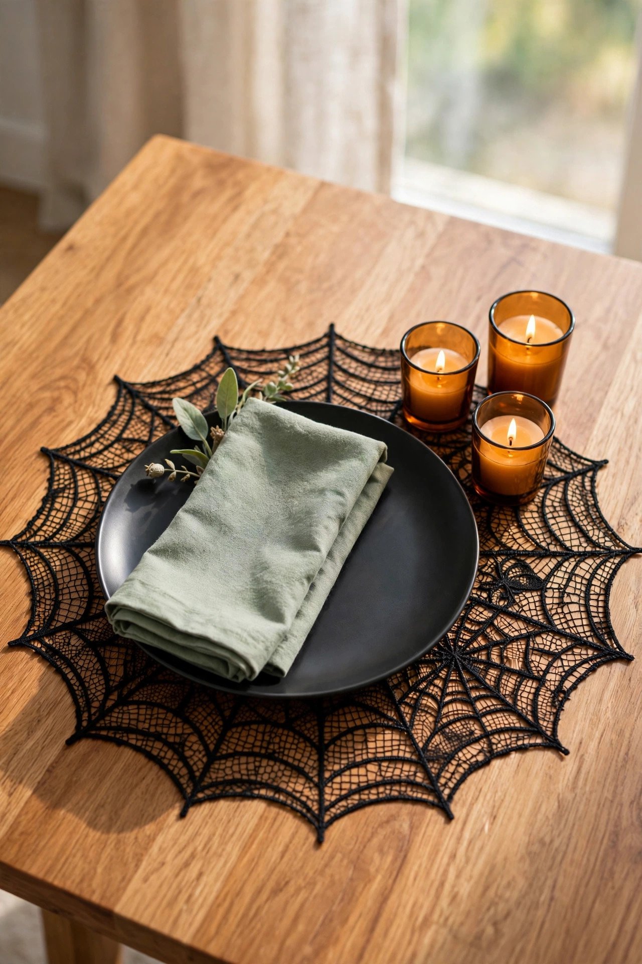 Halloween place settings with black lace spider web placemats under dinner plates