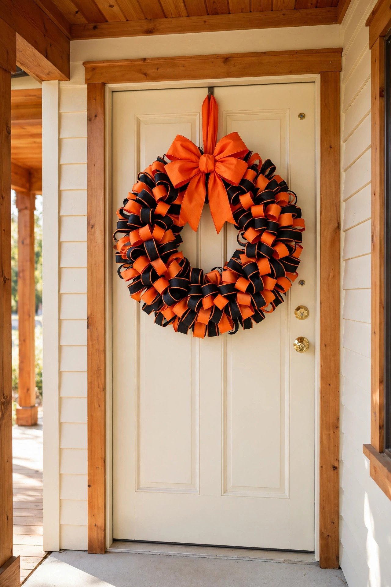 Halloween wreath of orange and black wired ribbon tied in dense loops on a front door