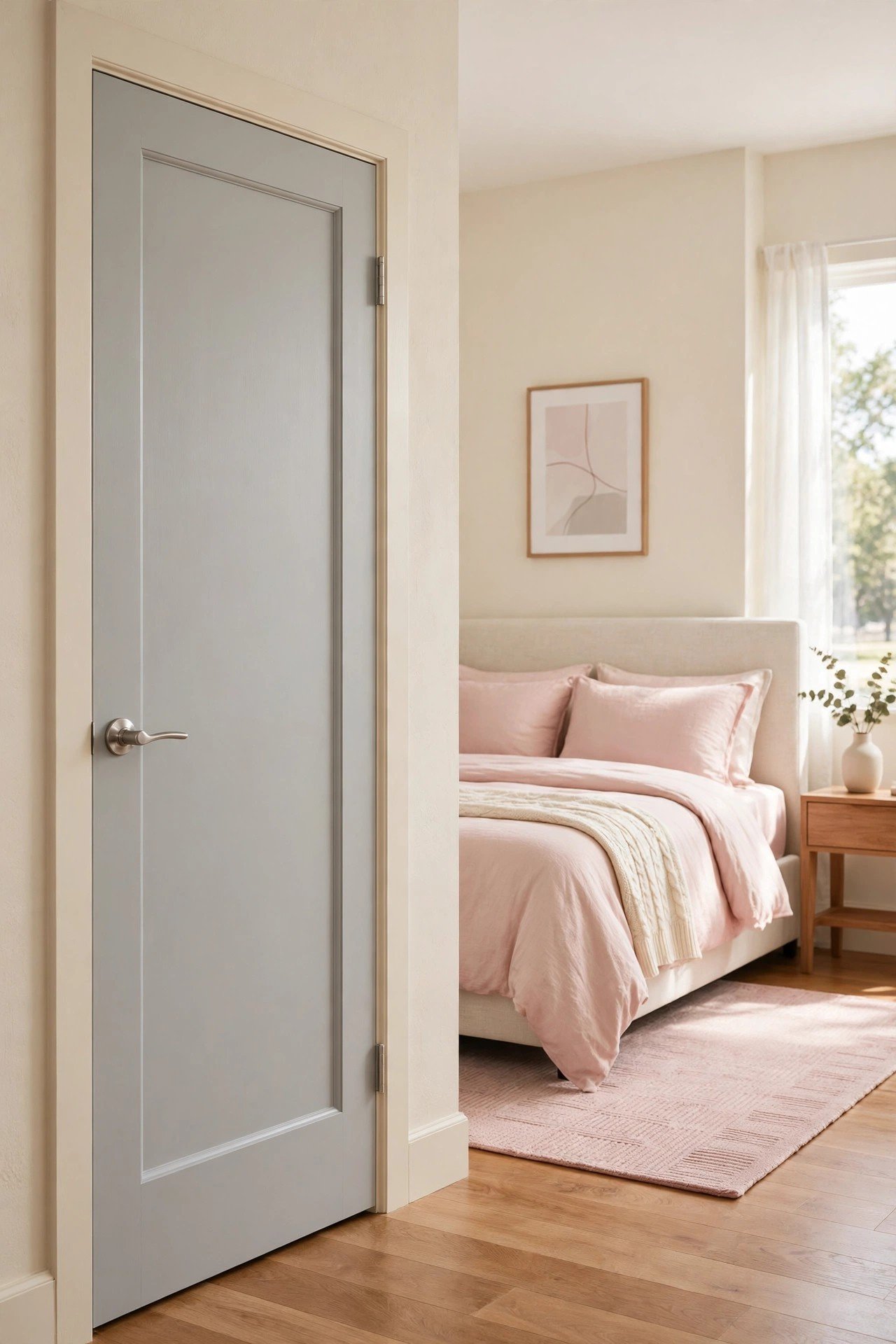 Gentle soft gray interior door with harmonious balanced neutral tone