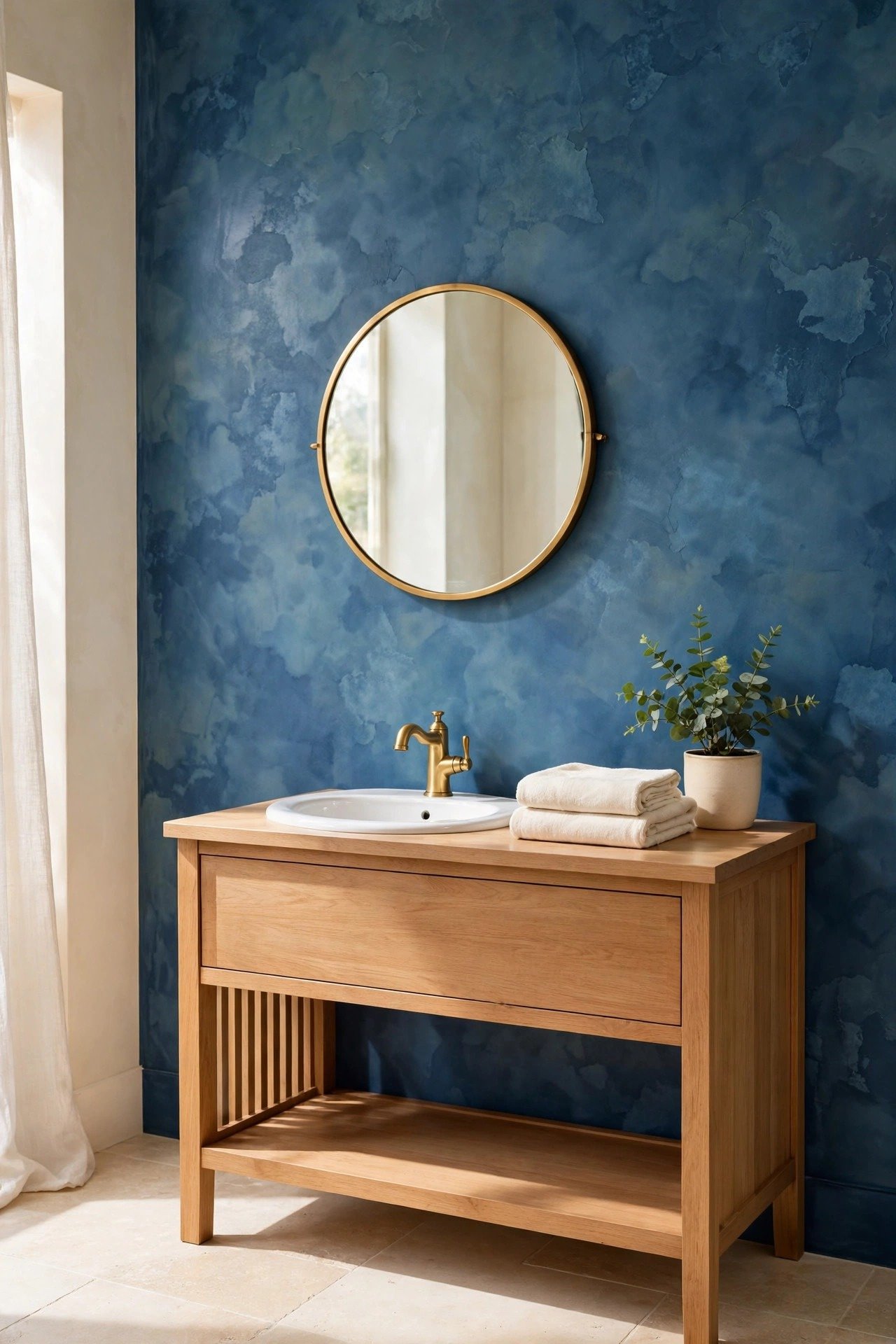 Deep blue limewash wall with rich texture in a small powder room with brass mirror