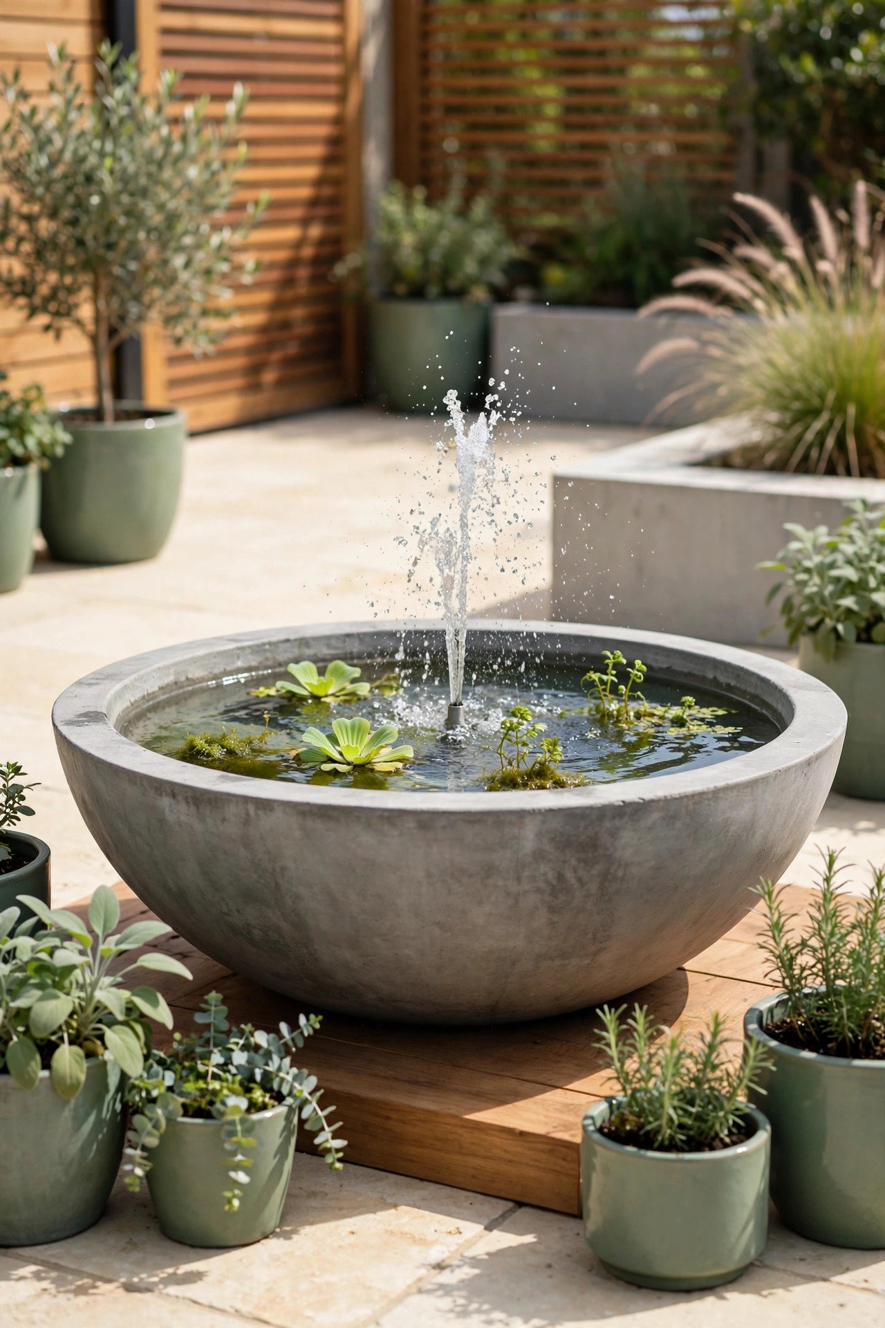 Concrete bowl pond with a small solar fountain