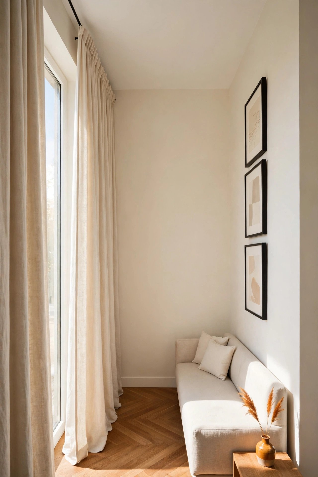 Vertical decor in a narrow living room with tall curtains and vertical wall art making the ceiling feel higher