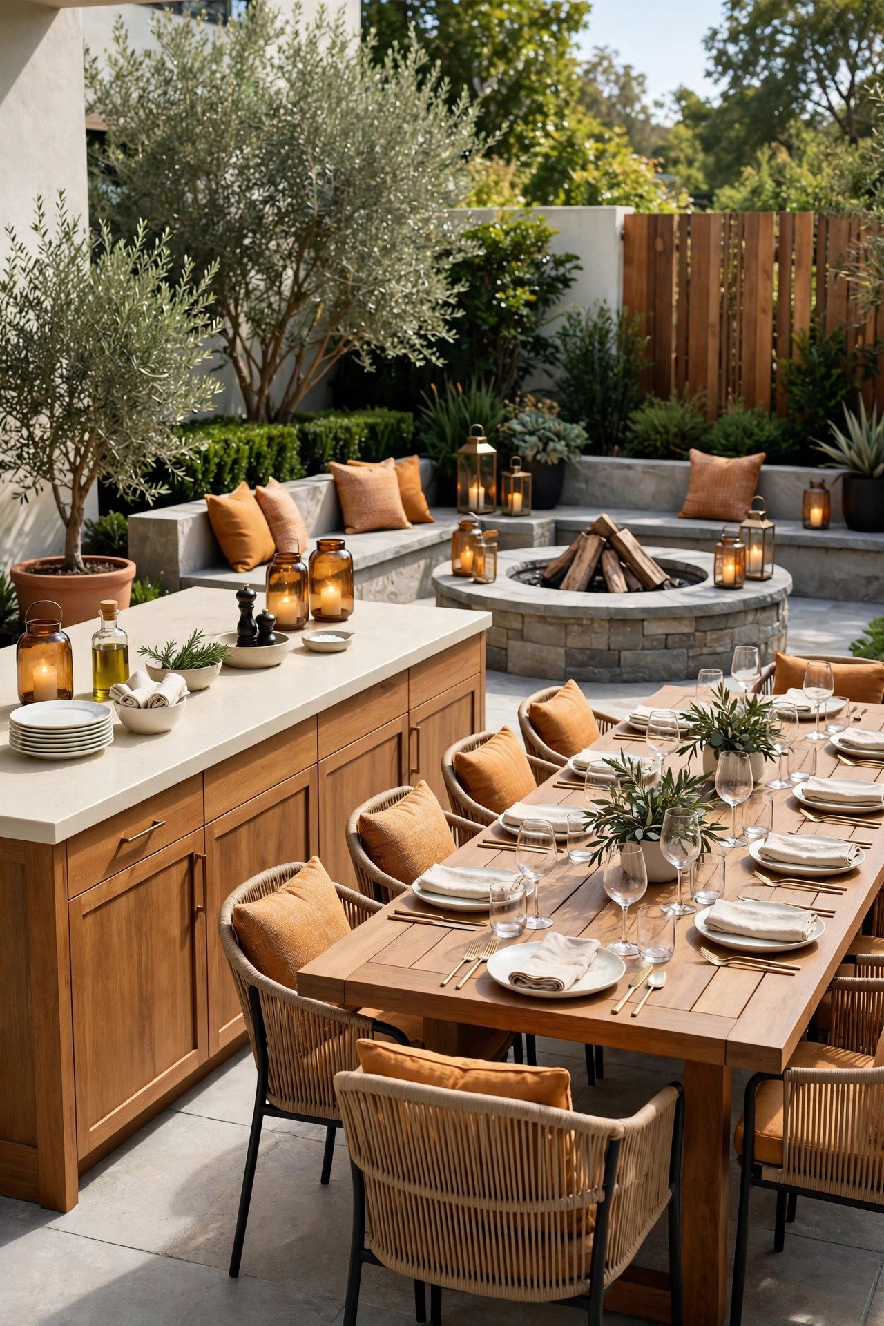 Large outdoor entertaining area with a buffet counter, dining table for eight, and a stone firepit