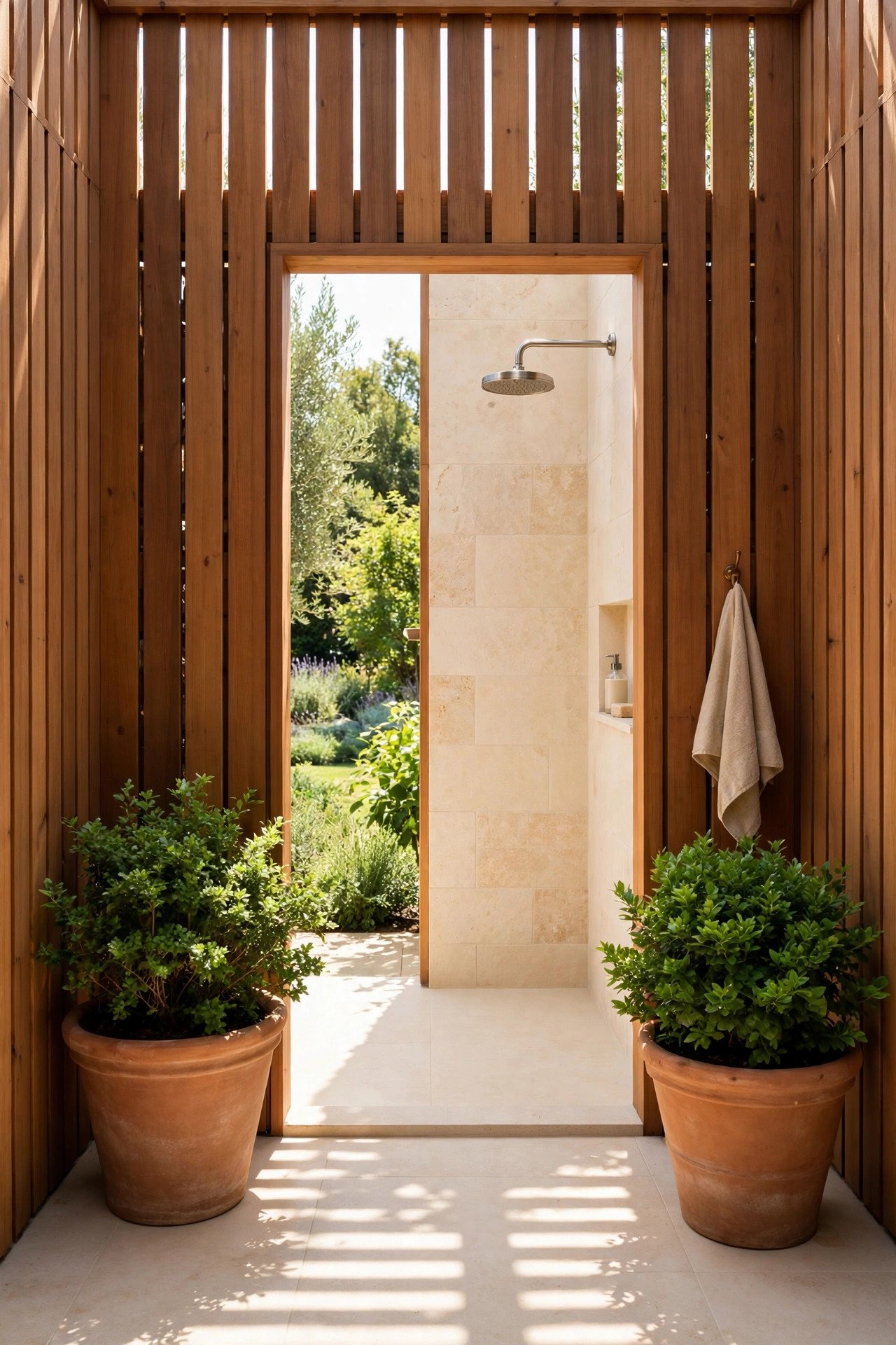 Outdoor shower with tall wooden privacy walls and terracotta planters