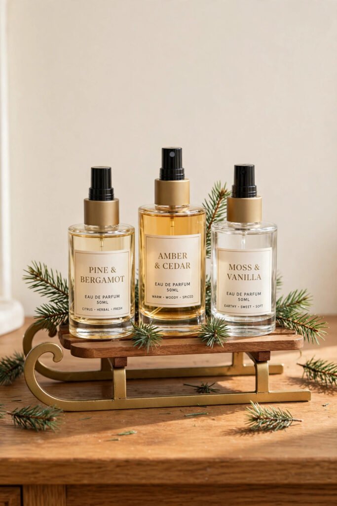 Perfume bottles arranged on a mini decorative sled for a rustic Christmas vanity look