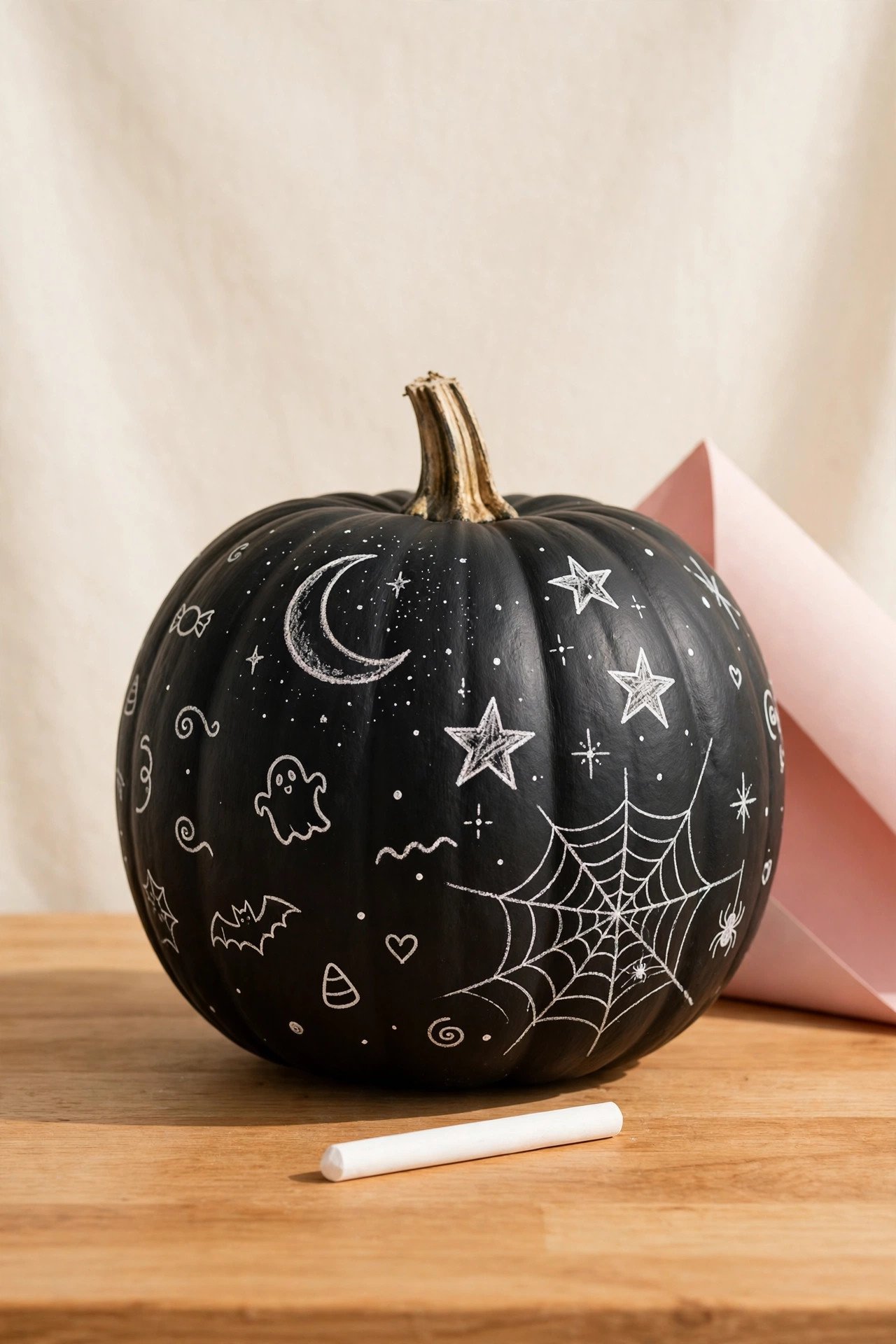 Black chalkboard painted pumpkin decorated with white chalk stars, spiderwebs, and playful doodles