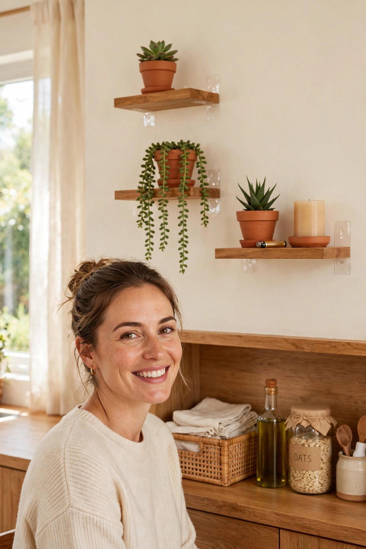 Adhesive mounted floating shelves with succulents and candles in terracotta tones