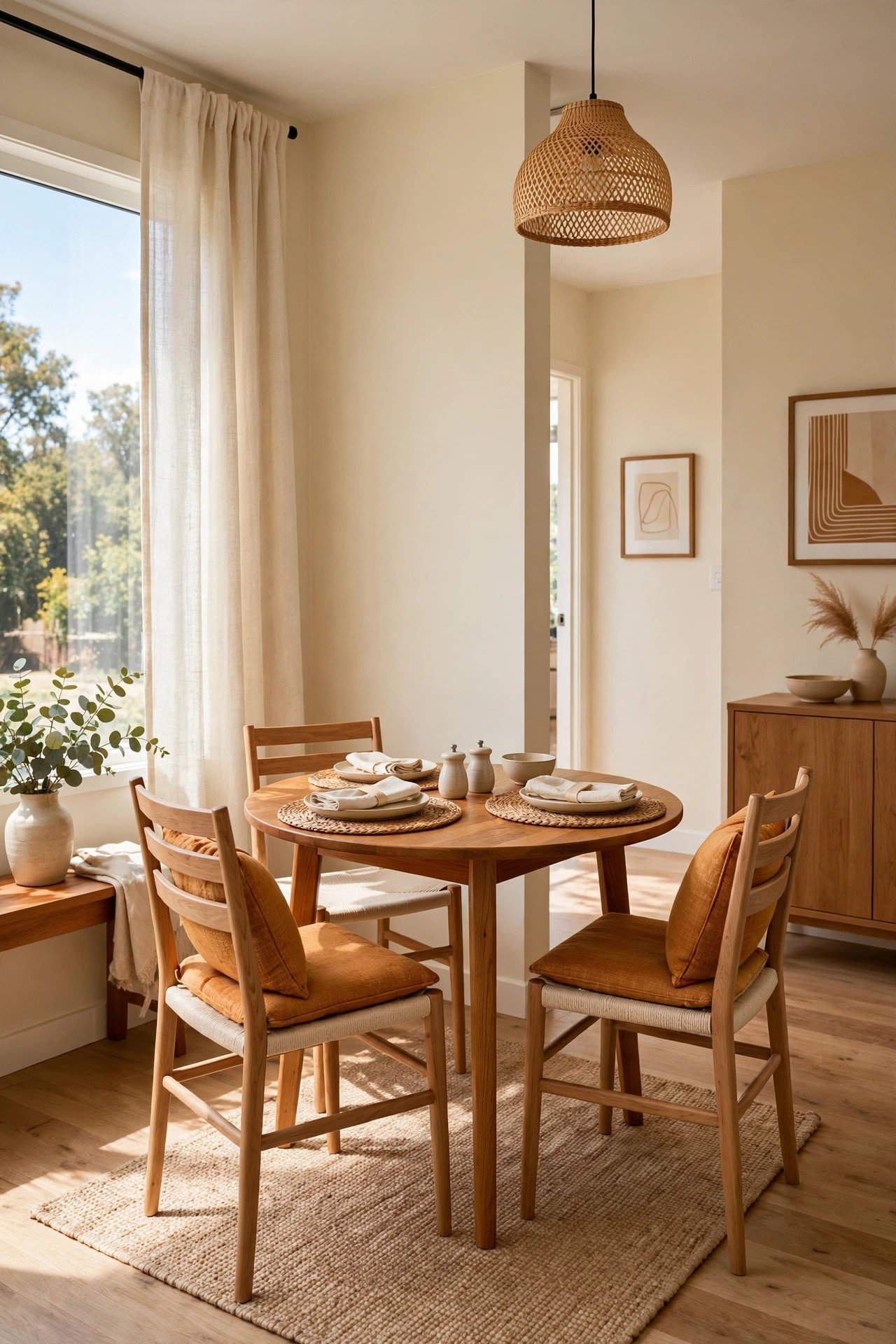 Small dining room layout idea showing clear walkways and open traffic flow around a compact table