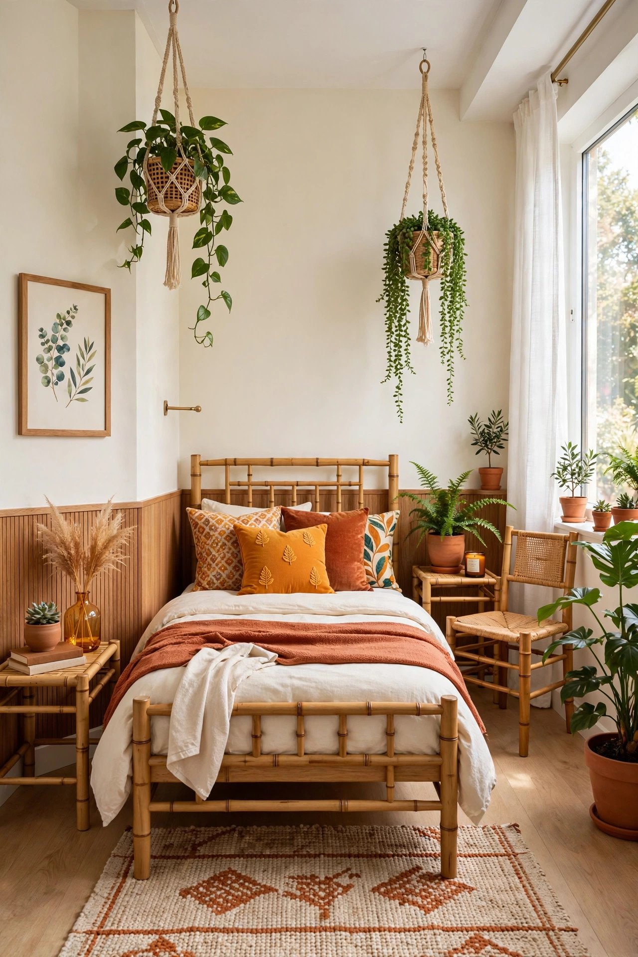 Botanical small guest room layout with hanging plants, bamboo furniture, and colorful throw pillows on the bed