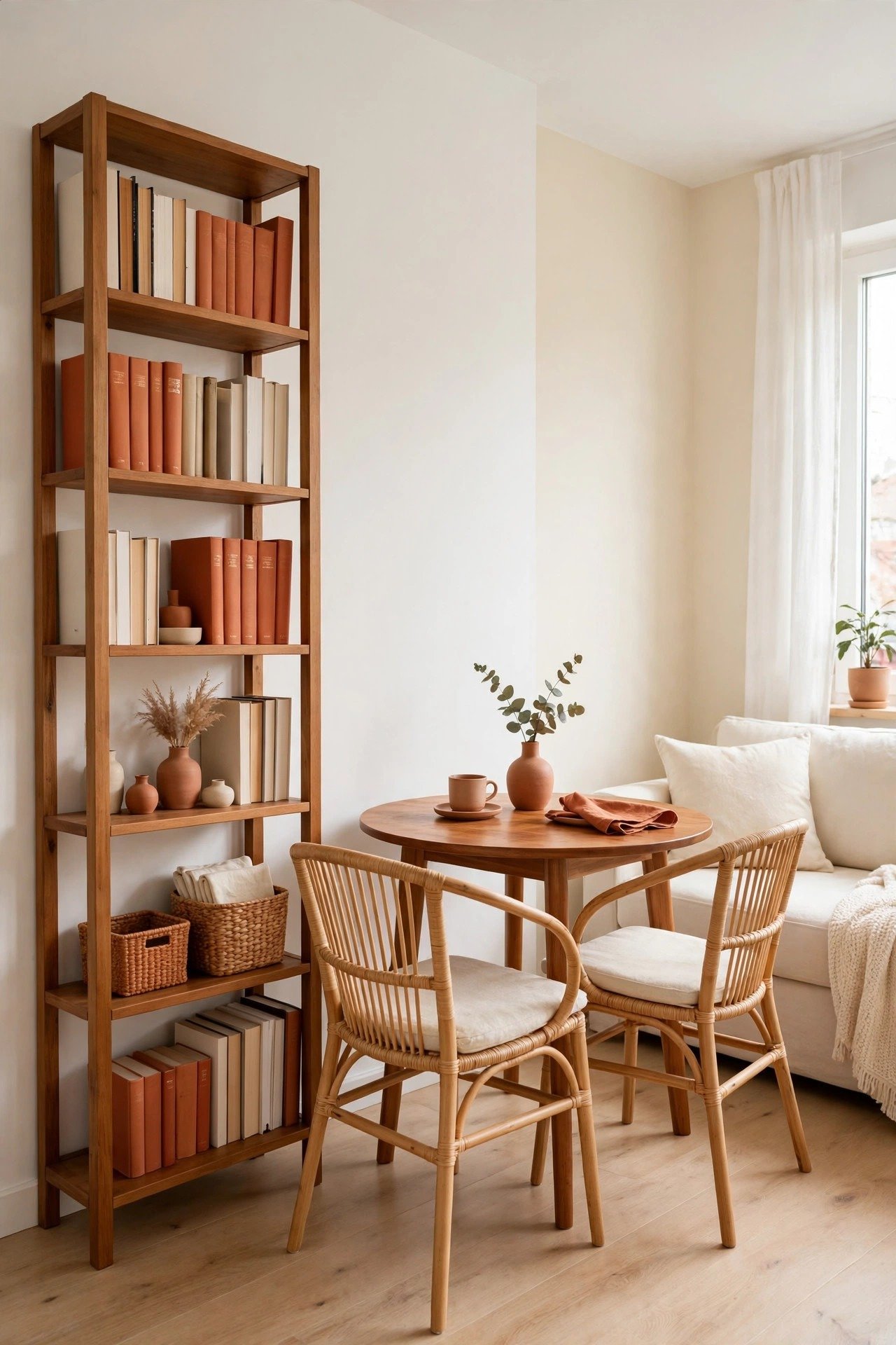 Vertical storage in a small living dining combo, tall shelves beside the dining area freeing floor space